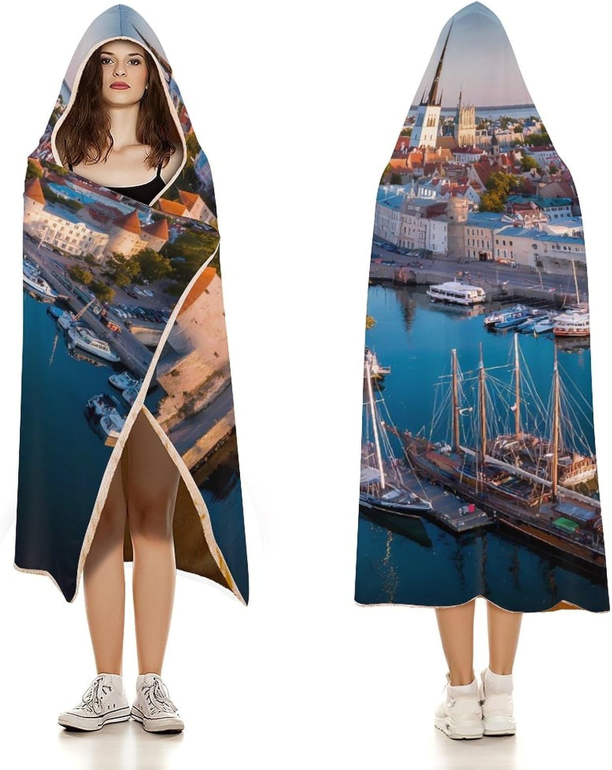 European Harbor Estonia Wearable Blanket Oversized Throw Cape | Cozy Hooded Blanket Gifts for Women Men