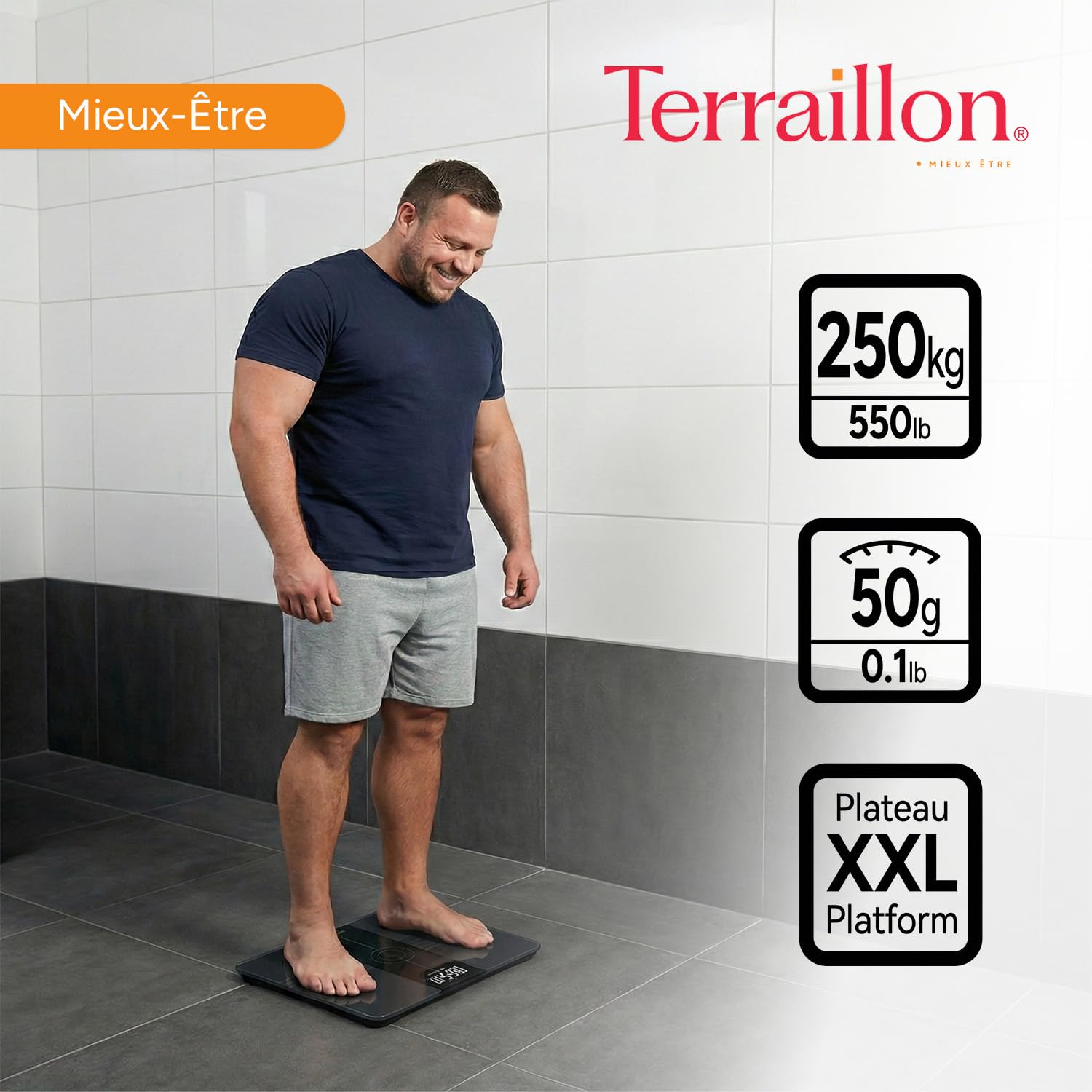 TERRAILLON - EVERY BODY- Pèse personne grande capacité, Balance avec plateau XXL 35x29cm, Capacité de 250 Kg, Grand écran LCD rétro éclairé, Précision 50g, Noir & Gris