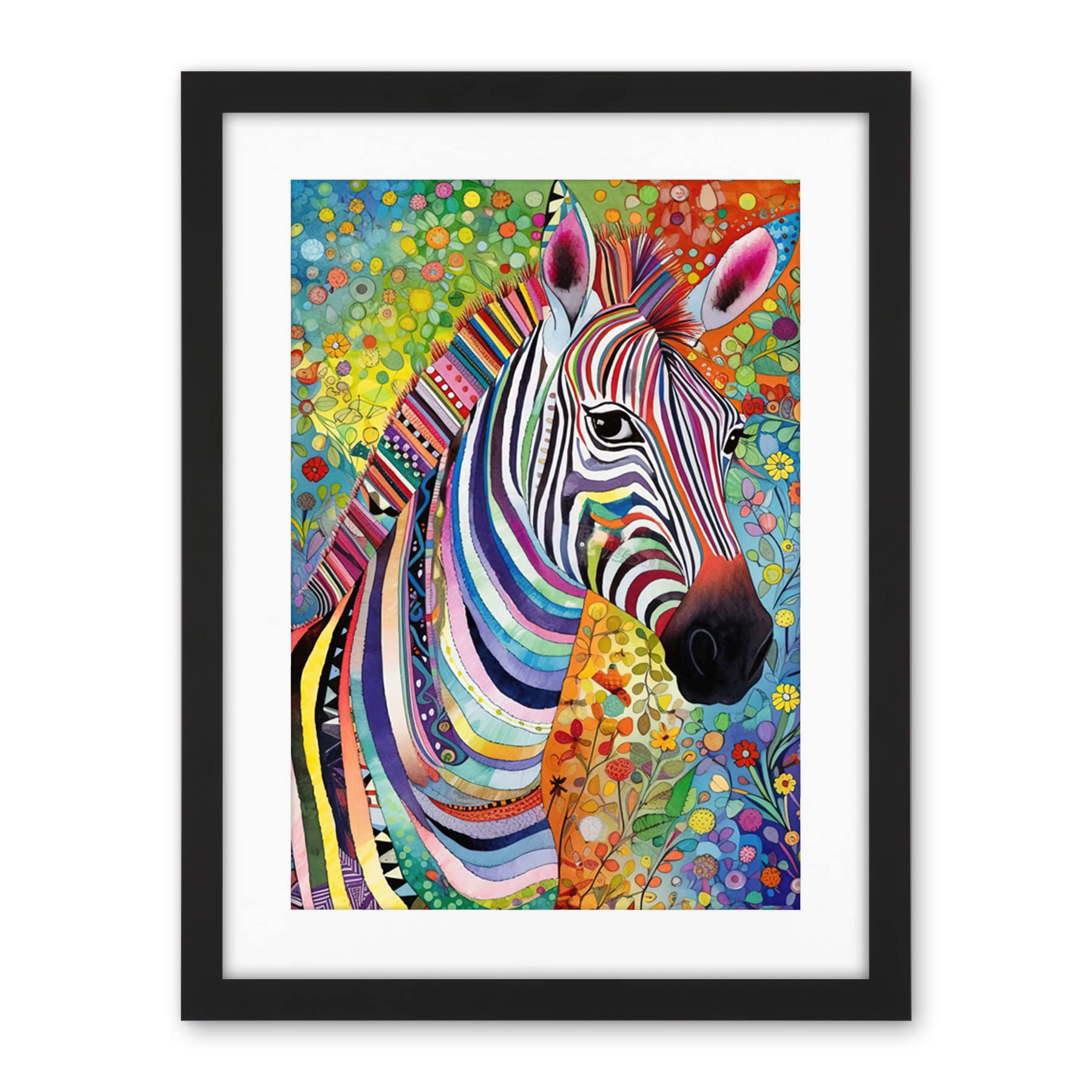 Artery8 Folk Art Zebra Colourful Flower Boho Artwork Framed Wall Art Print 18X24 Inch