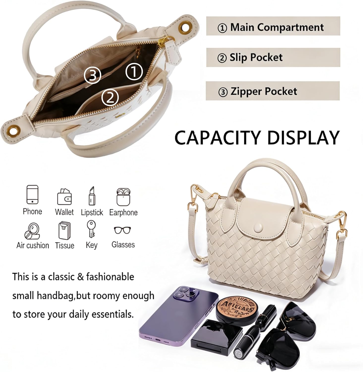 Small Vegan Leather Crossbody Bags For Women, Mini Woven Dumpling Handbag, Cute Top... - Image 5
