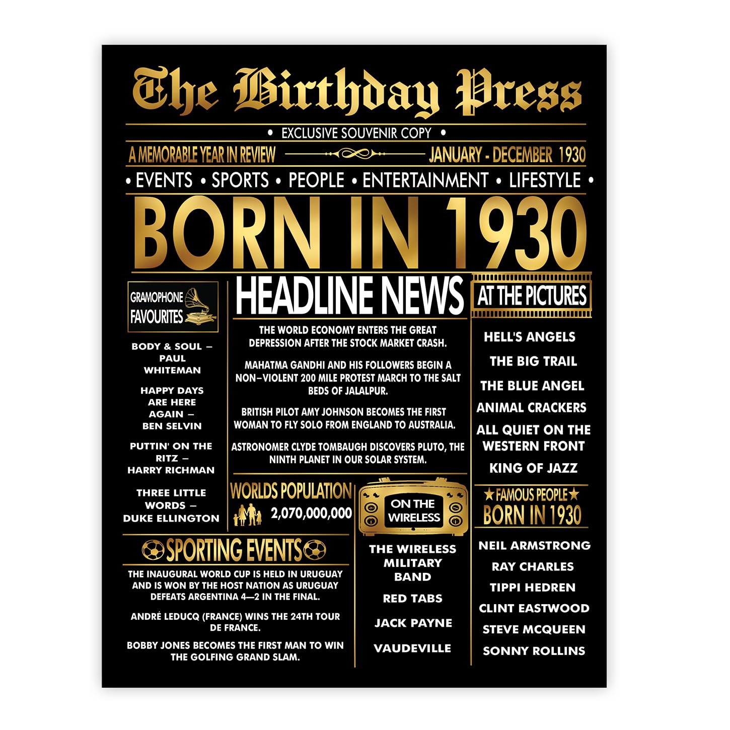 Stuff4 Men's 1930 Gold 96Th Birthday Poster Unframed - Golden Born In Newspaper - Happy 96 Birthday For Wo Retro Vintage Gifts Back In 8X10 Inch Bday Party Decor Decoration