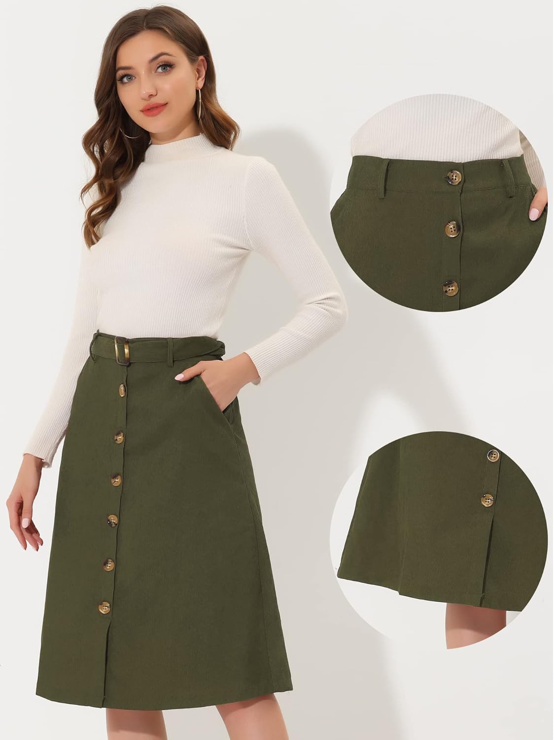Allegra K High Waist Skirts for Women's Button Front Belted Corduroy Midi Skirt - Image 4