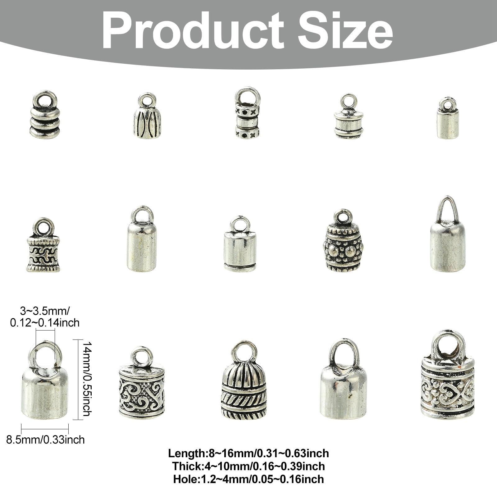 UR URLIFEHALL 90 Pcs Random Tibetan Style Cord End Caps Antique Silver Column Dangle Charms for DIY Jewellery Making Bracelet Necklace - Image 2