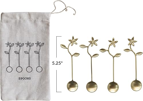 Miniatura 4 de Creative Co-Op 5.35 Cucharas de acero inoxidable y latón para cocina con asas de flores y bolsa con cordón, acabado dorado, juego de 4