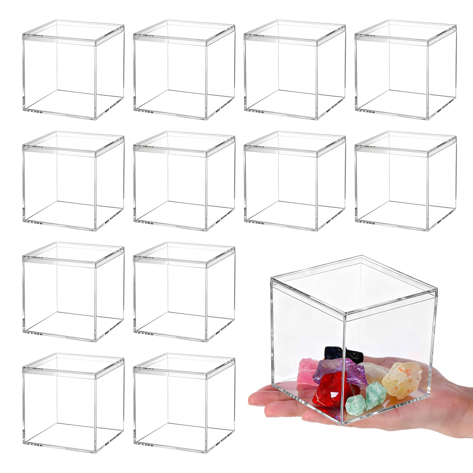 Photo 1 of LIQWEI 12 Pcs Clear Acrylic Box with Lid, Plastic Acrylic Boxes for Display Square Cube Decorative Storage Boxes Organize Containers for Candy Pill Tiny Jewelry(Square,4'' x 4'' x 4'')