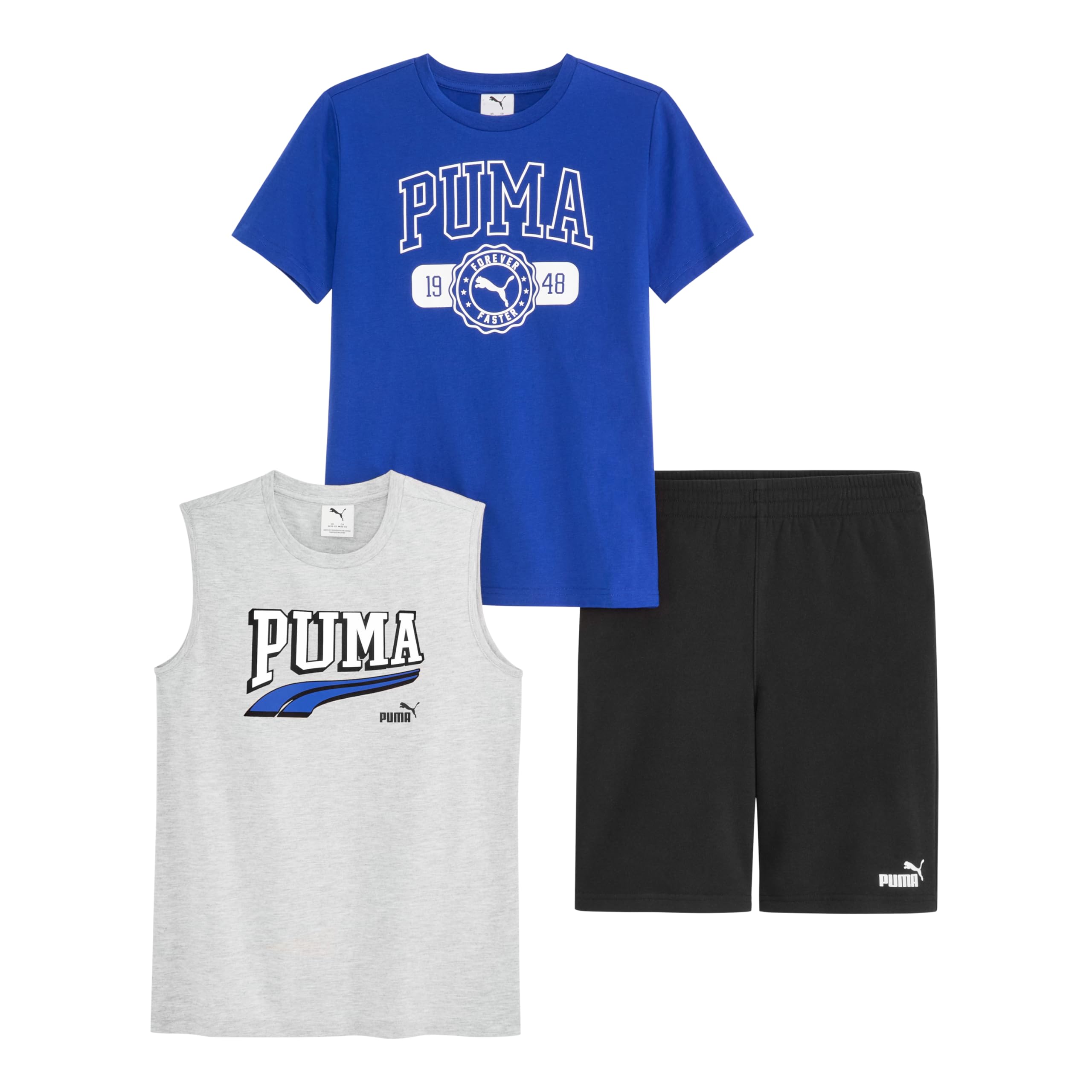 PUMA Boys 3PC Short Sleeve Cotton Tee, Muscle Tee & Fleece Short Set, Heather Grey/Blue, 24M