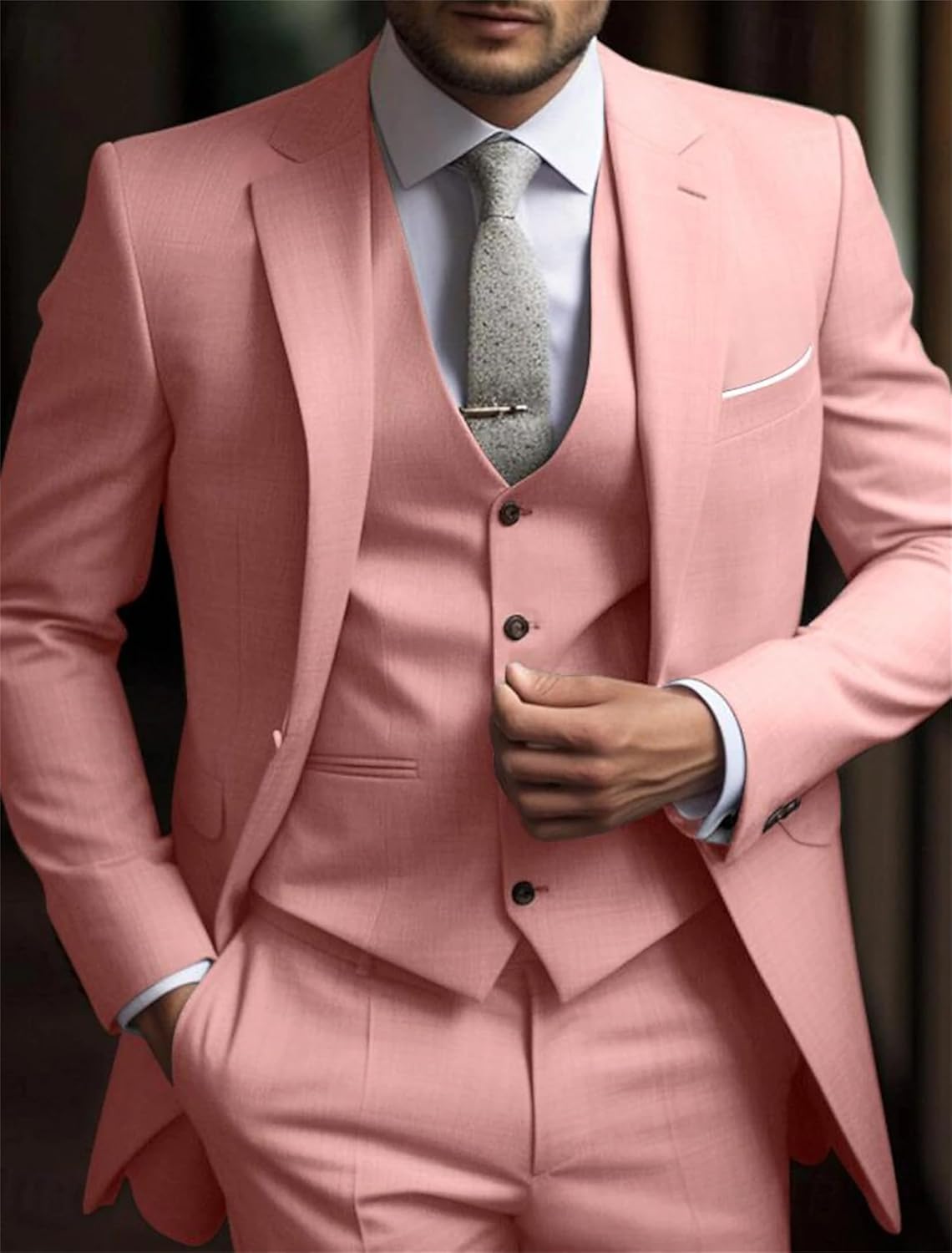Men's Suits 3 Piece Slim Fit Suit Set,one Button Business Tuxedo Wedding Solid Blazer Jacket Vest Pants - Image 6