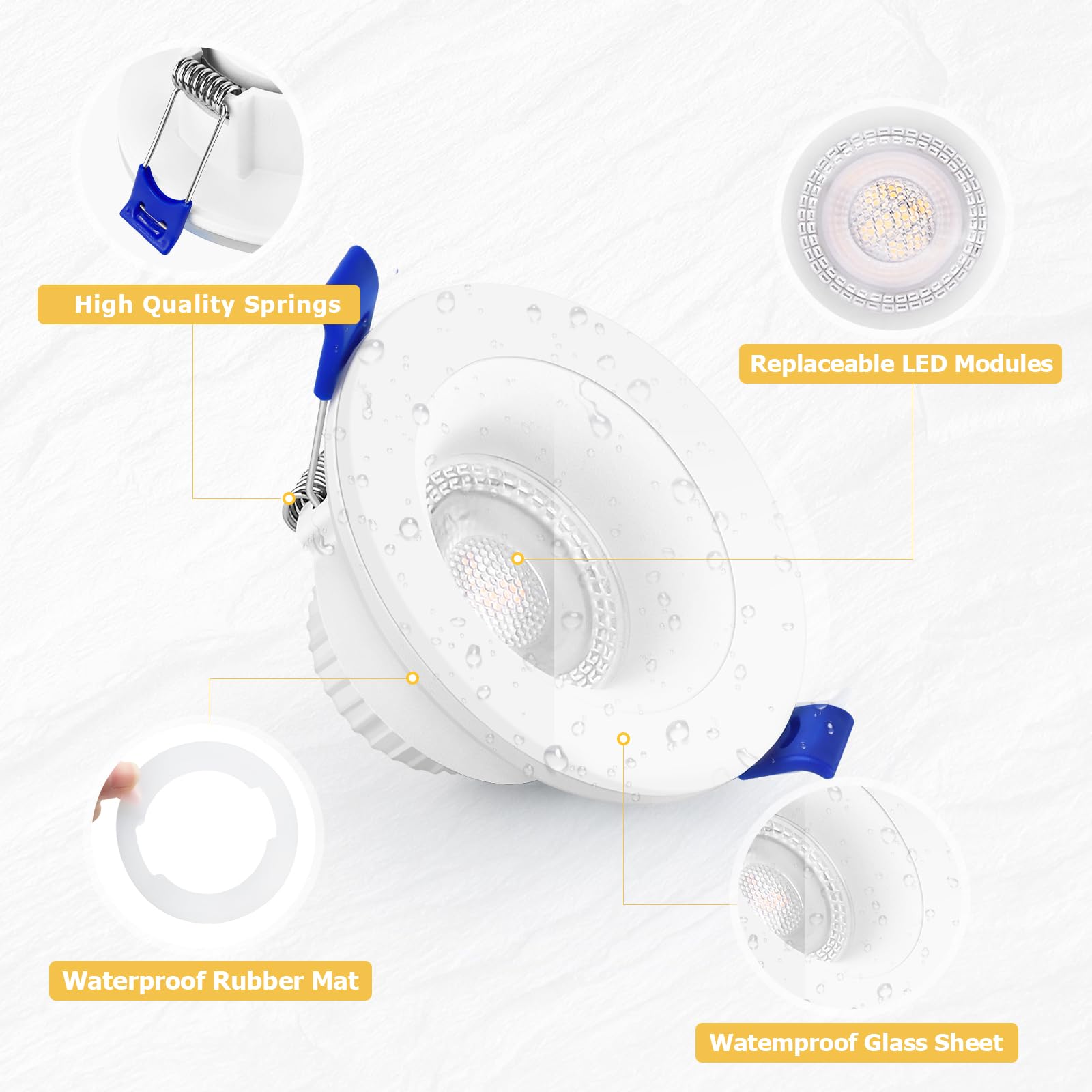Spot LED Encastrable 230V 4000K IP65 Spot Salle de Bain 68-75mm 6PCS Blanc