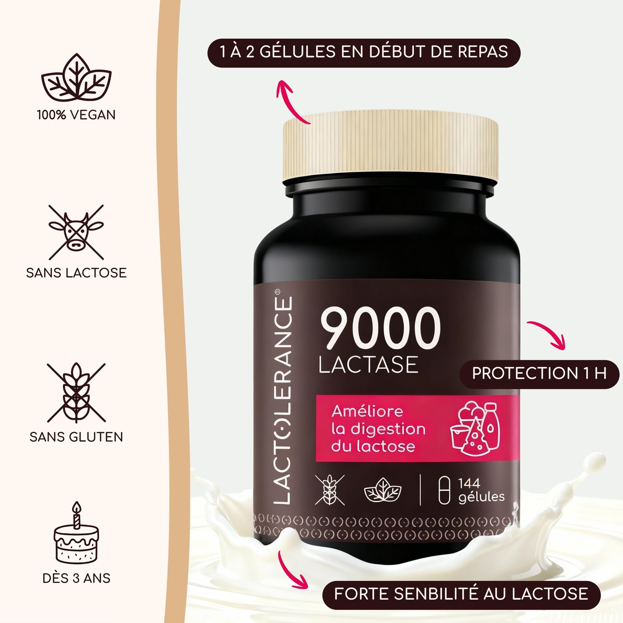 Lactase 9000 FCC Enzymes Digestives 144 Gélules - Complément Alimentaire Intolérance Lactose