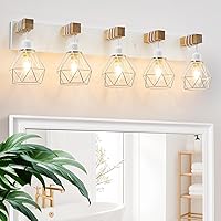Vista 12 de Lámparas blancas para tocador de baño, luminarias de baño de madera de 2 luces sobre el espejo, apliques rústicos de pared con elegante pantalla