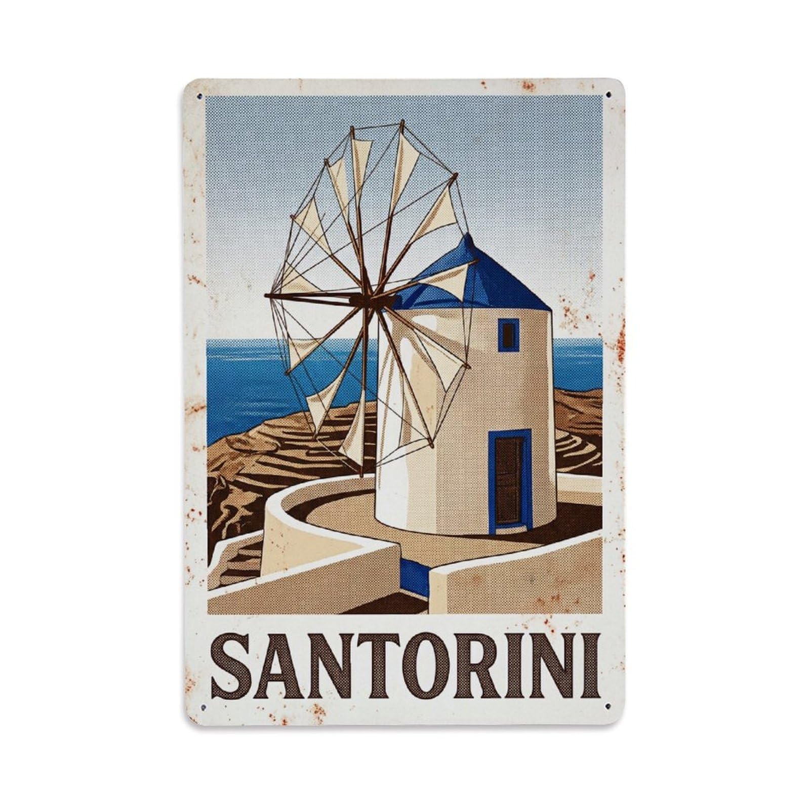 Fyrn Style Metal Tin Sign Vintage Travel Santorini Greece Windmill