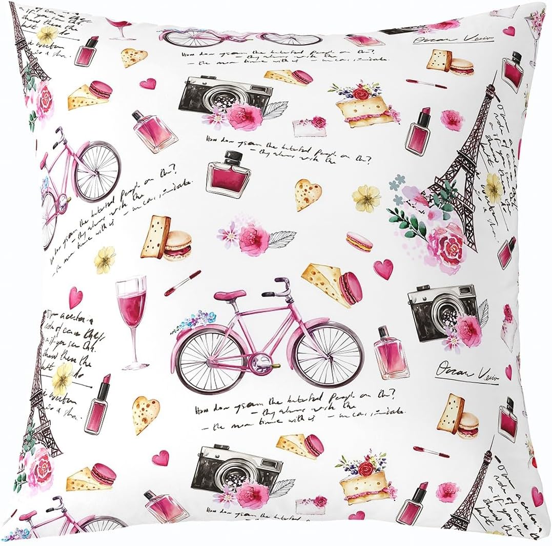 Parisian Style Throw Pillow Cover Pink Bike Flowers Lady Lipstick Perfume Cushion Cover for Kids Girls Teens Women Eiffel Tower Romantic Style Pillow Case for Bedroom 16×16 Inch
