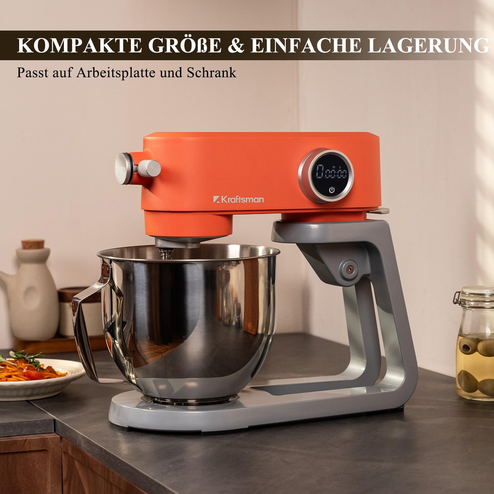 5L Vollmetall-Küchenmaschine,Pizzateig Knetmaschine,Teigmaschine mit leisem Kupfer-DC-Motor, 4 Edelstahl-Aufsätzen ohne Beschichtung und universellem Multifunktionsanschluss