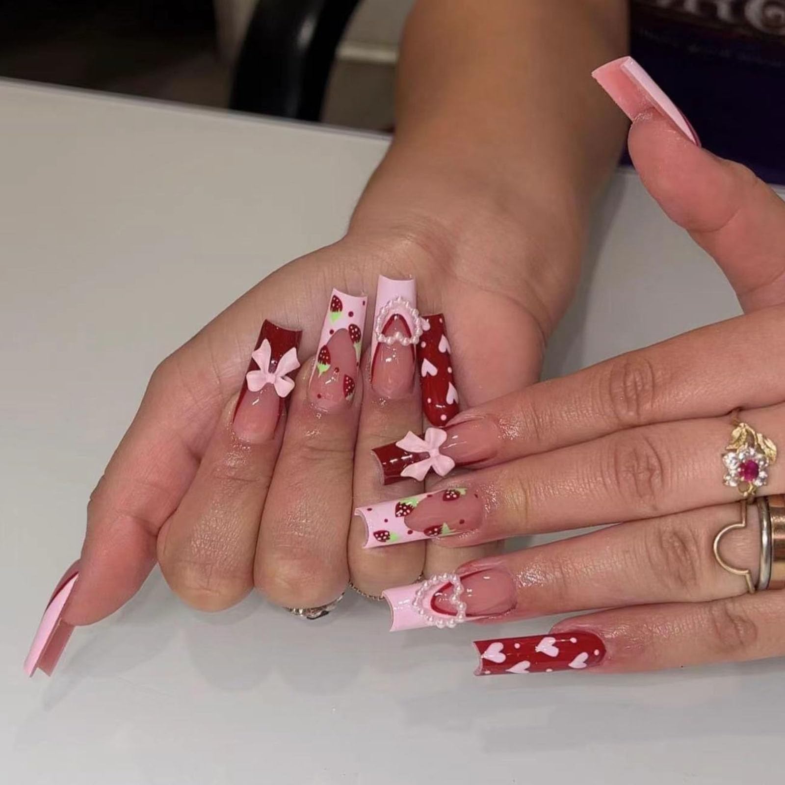 Valentine's Day Press on Nails Long Square Fake Nails with Heart Pearl Designs Pink French Tips Nails Press ons Bow Tie Glue on Nails Cute Strawberry Glossy Full Cover Stick on Nails for Women 24Pcs