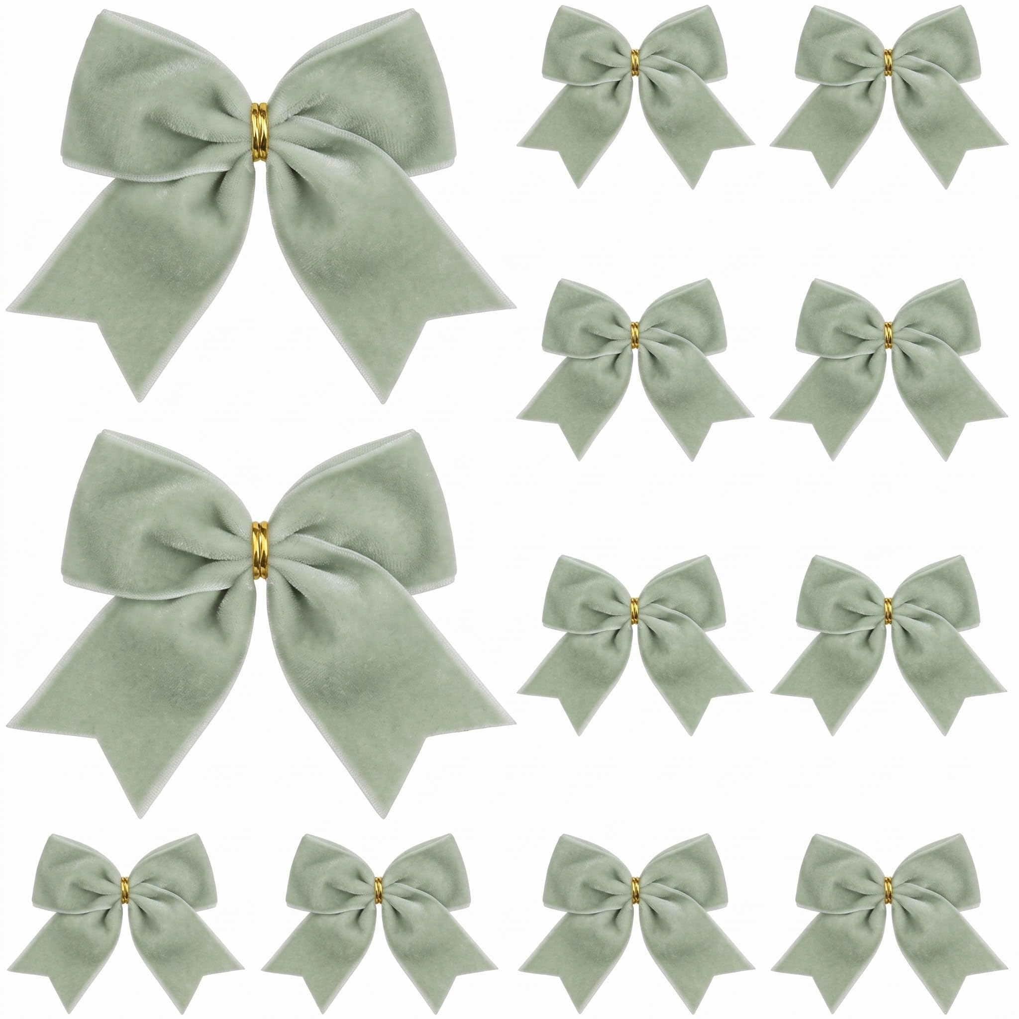 Realspring 12pcs 6.3in Vintage Velvet Sage Green Christmas Bows Ornaments