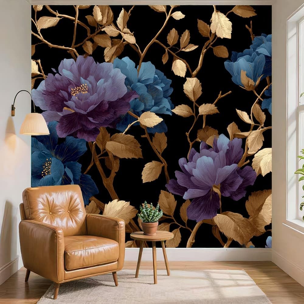 Générique Wodoodporna, bezzapachowa tapeta do wnętrz 350 x 256 cm rośliny i kwiaty retro zdejmowana fototapeta do dekoracji ścian czarna tapeta do mebli salon łazienka sypialnia szafa