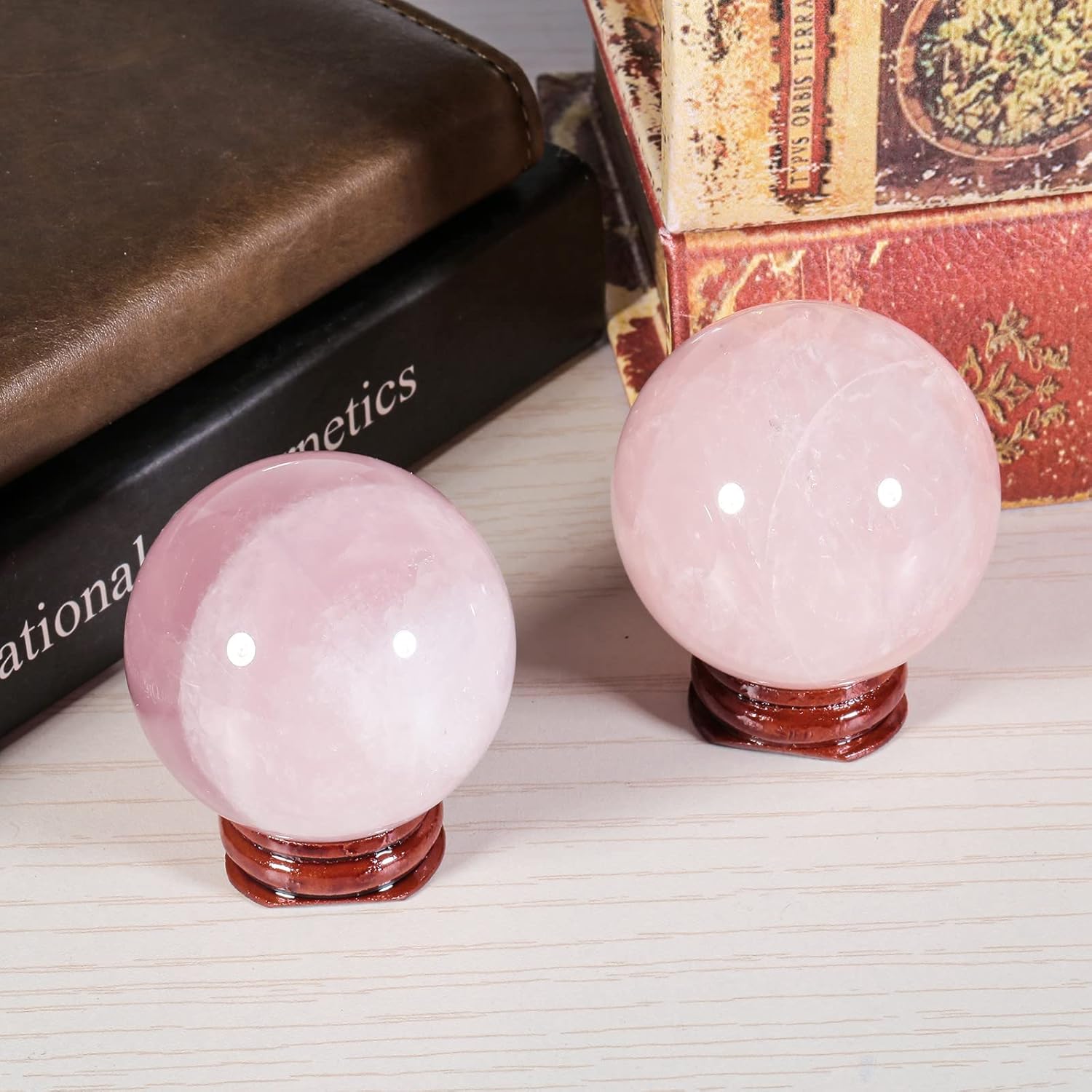 Amogeeli Natural Rose Quartz Sphere with Wooden Stand, Fengshui Stone Ball Decoration for Divination Reiki Meditation