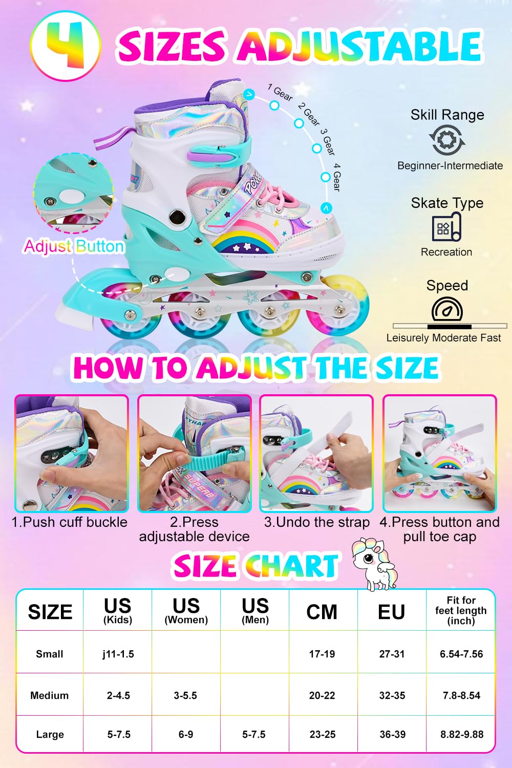 LJPYMX Adjustable Inline Skates for Kids Girls with All Light Up Wheels, Fun Illuminating Inline Skates for Toddlers Beginner Outdoor Indoor Sports (Rainbow, Large)