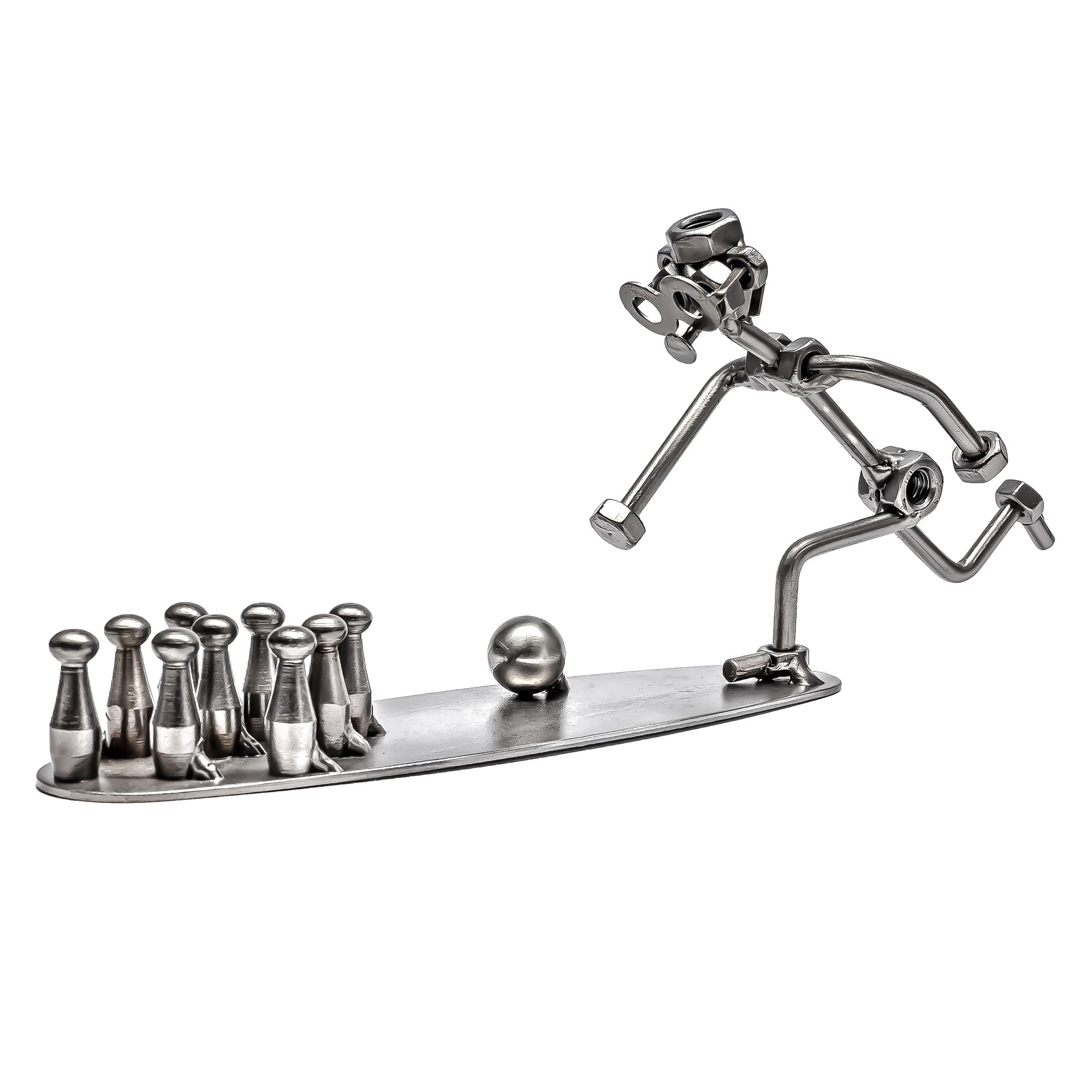 STEEMO Original Schraubenmännchen Figur: Kegeln – Handgefertigte Metall-Deko aus Stahl, kreative Kegel-Skulptur und Geschenkidee für Kegler & Bowling-Fans, 31x6x12 cm