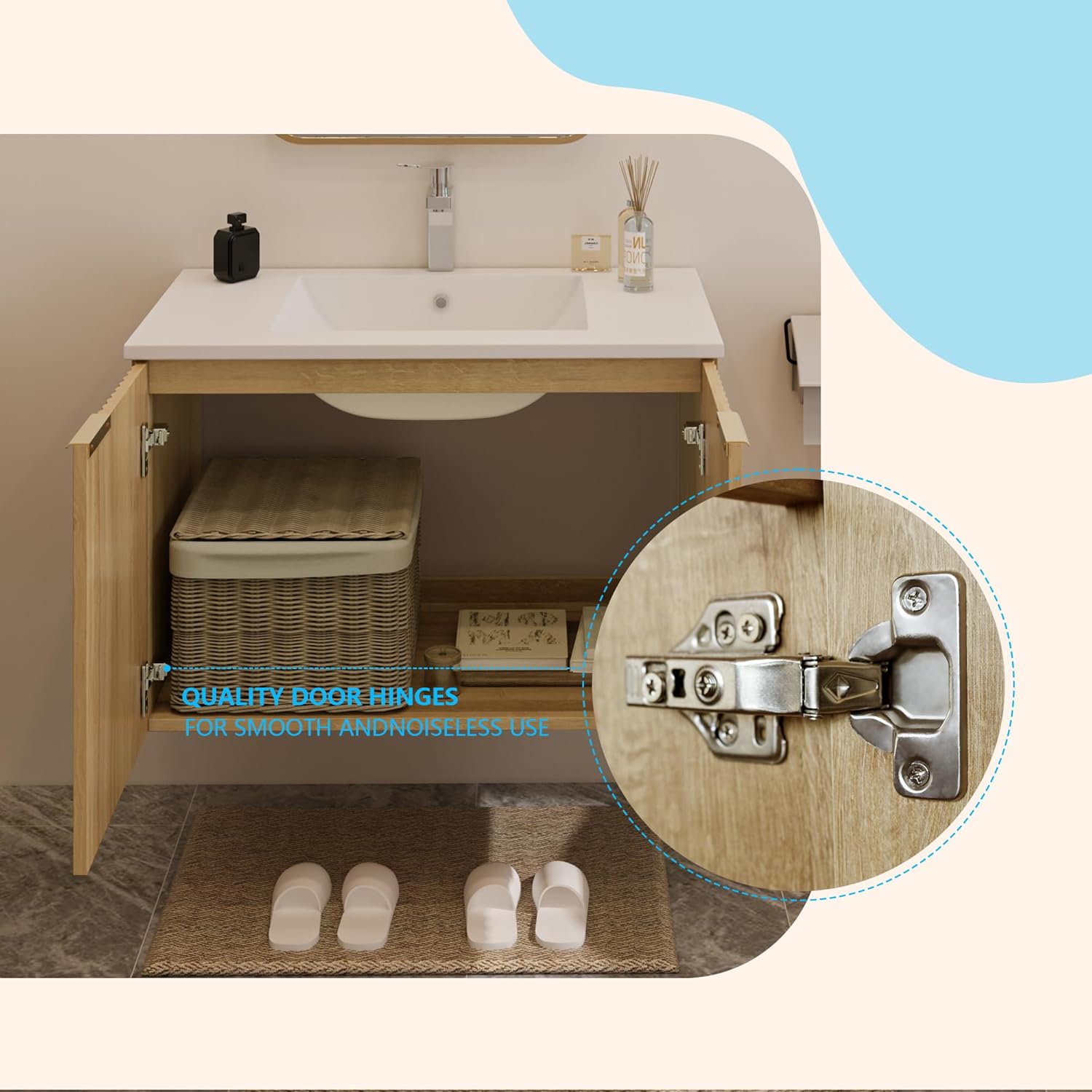 Modern Bathroom Vanity with Wavy Textured Doors - Wall Mounted Floating Cabinet, Soft-Close Waterproof Storage for Small Bathroom, Easy Install (Nature with Sink, 30)