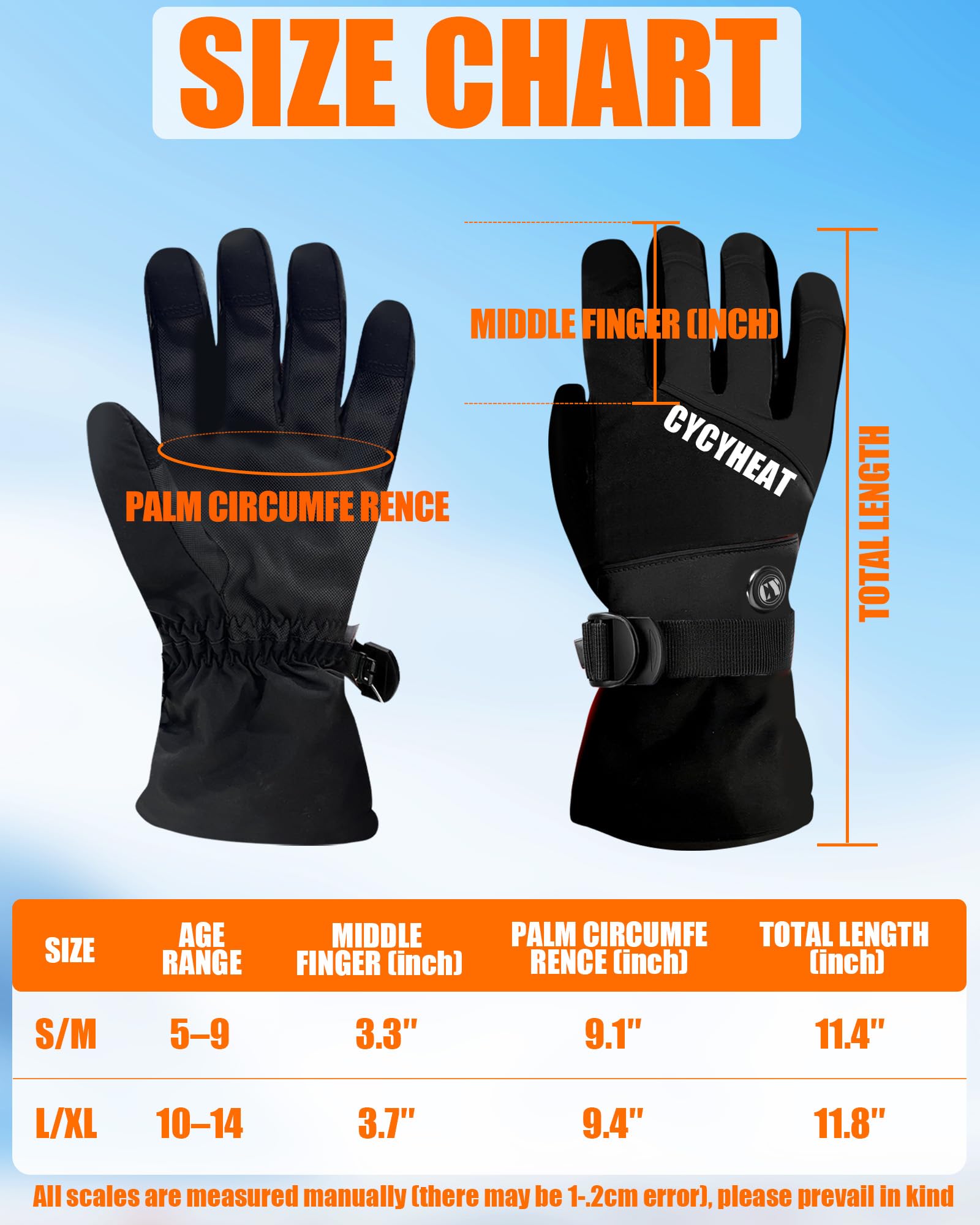 CYCYHEAT Kids Heated Gloves - Boys and Girls Waterproof Ski Heating Gloves with 2pcs DC Battery, 3 Heating Levels，Motorcycle Cycling