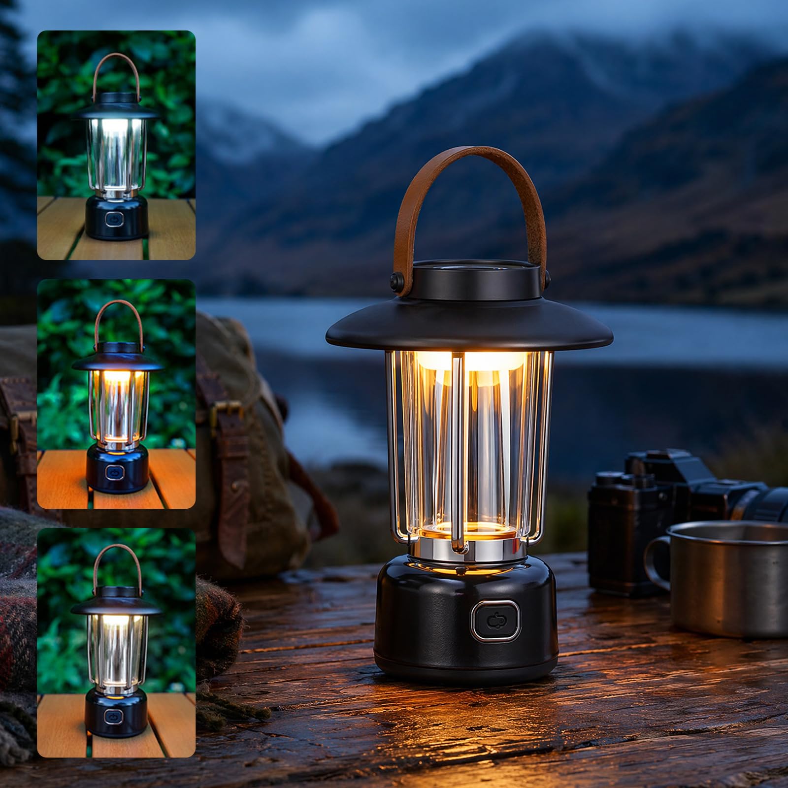 Vintage Rechargeable LED Camping Lantern - 2-in-1 Spotlight & Floodlight Retro Lantern - IP44 Waterproof Portable Tent Light for Emergency Power Cut, Fishing, Hiking - 2000mAh Type-C Lantern, Black