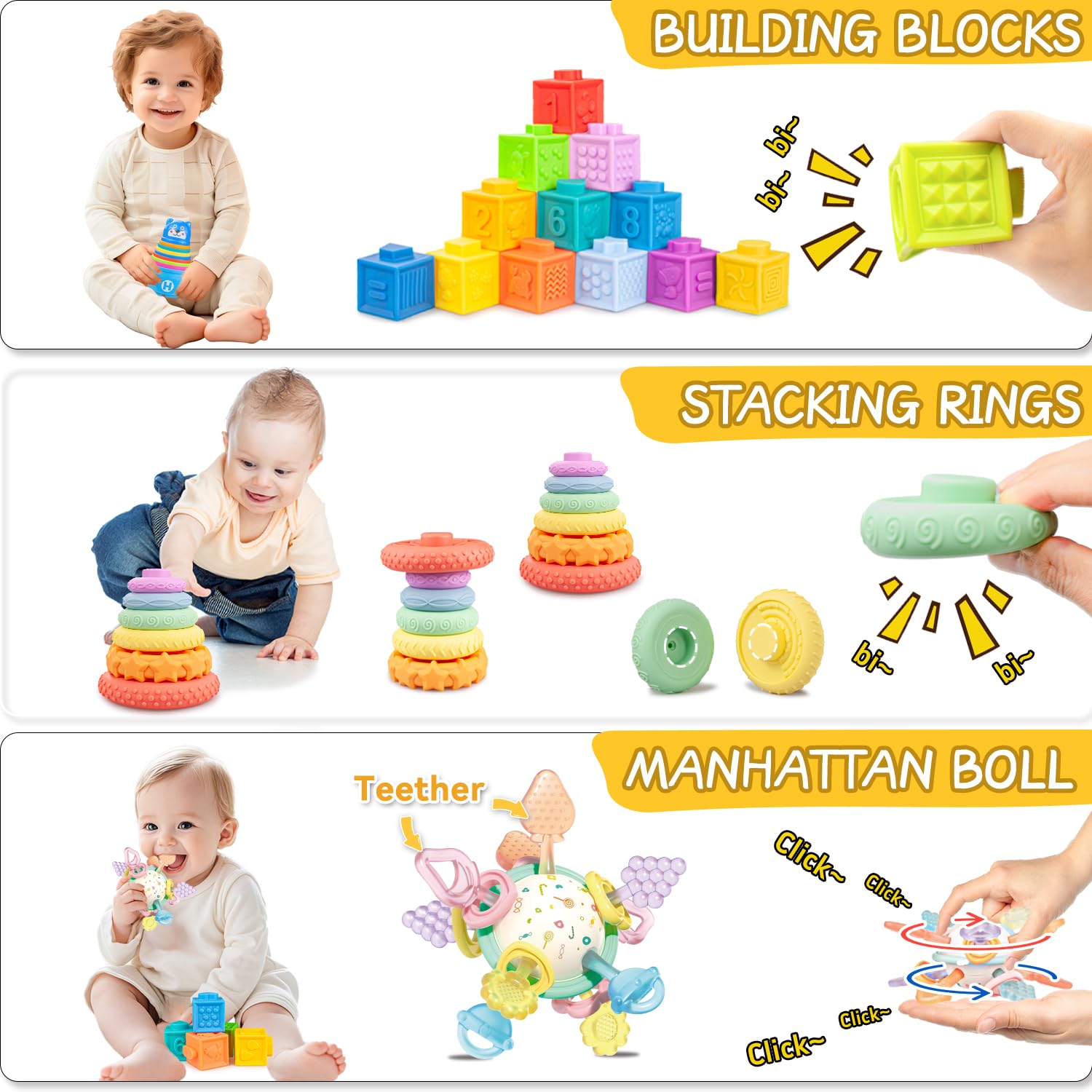 Juguetes para bebés de 6 a 12 meses, juguete Montessori para bebés de 6 a 12 meses, incluye bloques de construcción suaves y juguete de cuerda de silicona y cubo sensorial y bola de Manhattan y 2 5