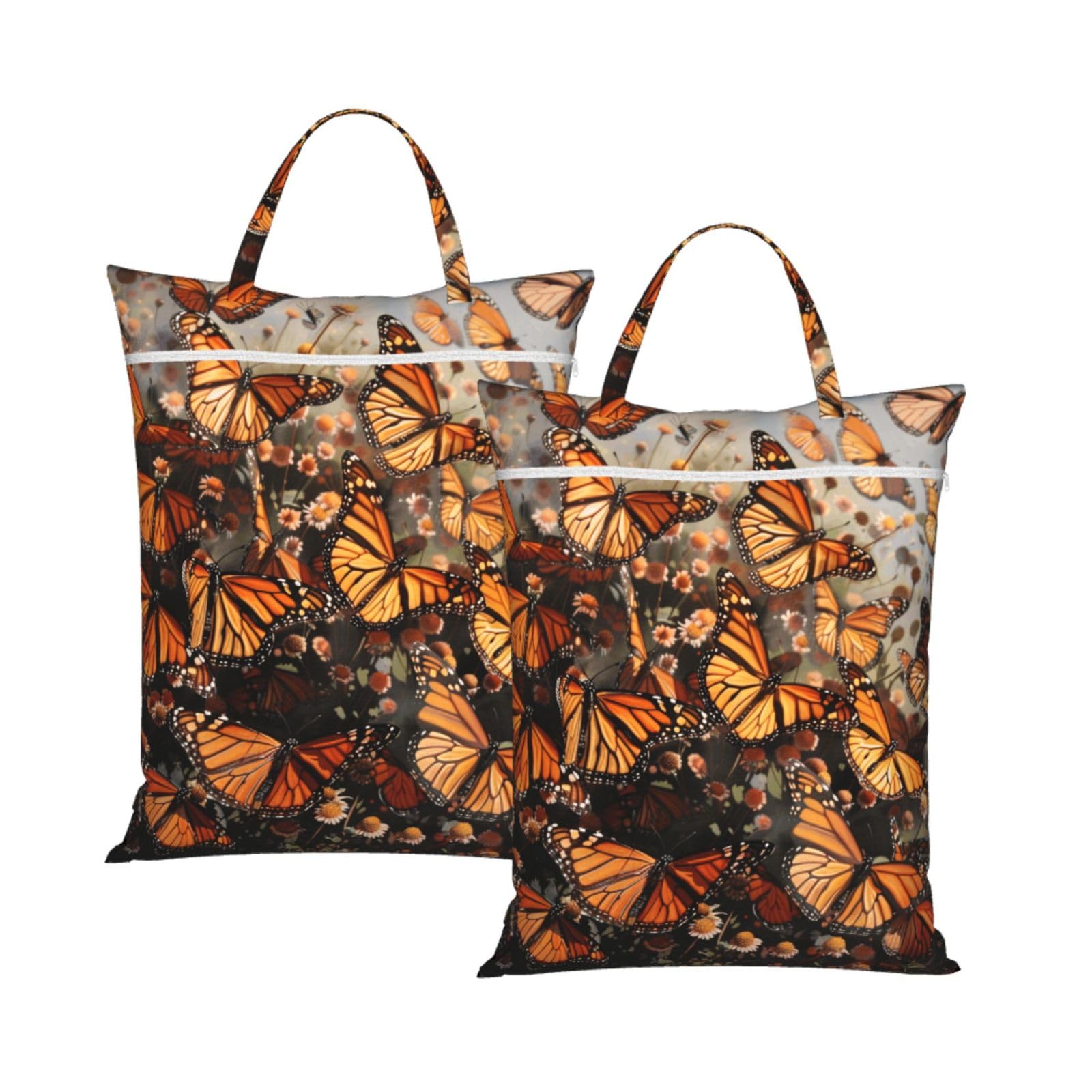 Large Travel Laundry Bags,Monarch butterflies Print with Handle Foldable Laundry Bag for Holidays Gym Swimming and Family Trips, 2Pcs
