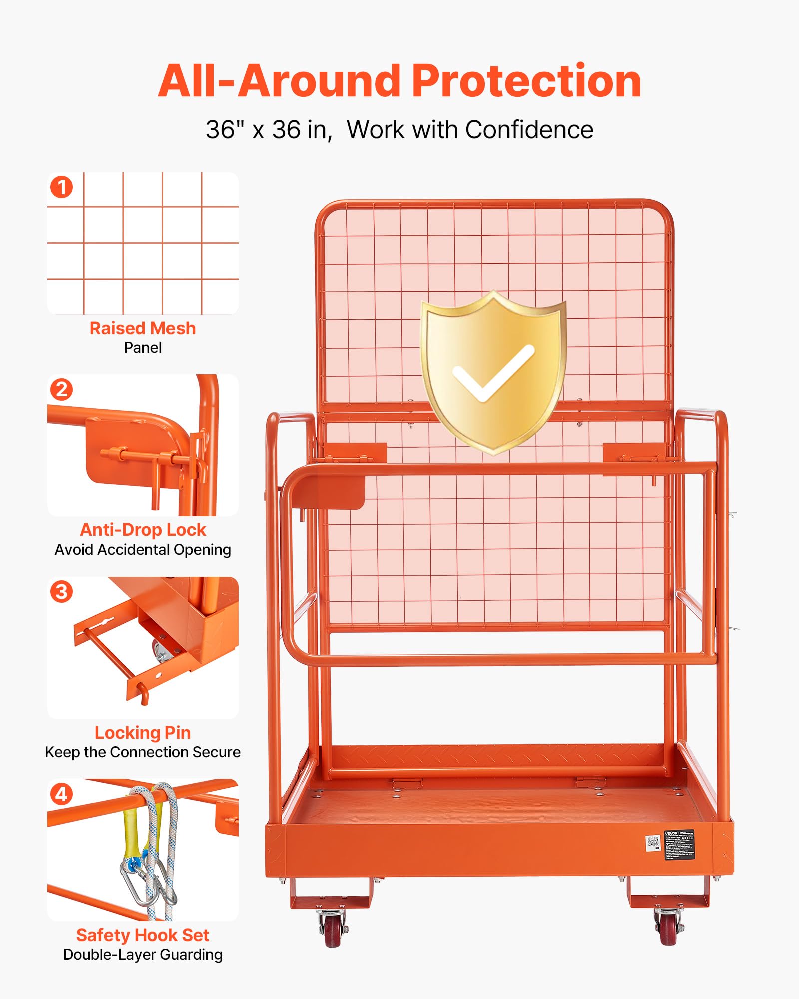 VEVOR Jaula de Seguridad para Montacargas 920x1045 mm, Carga 544 kg | Con ruedas, panel de malla, plataforma de acero y pasadores de bloqueo, para trabajos en altura con carretilla elevadora