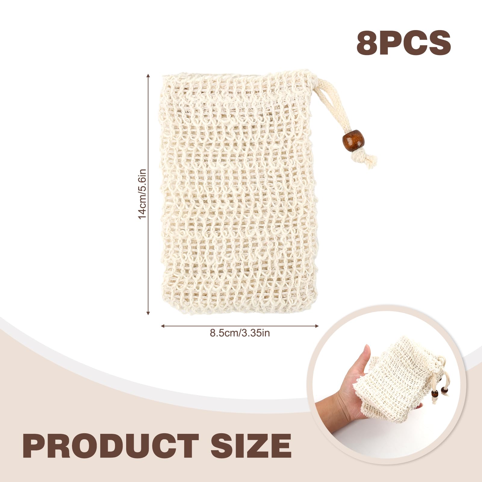 Lot de 8 sachets à savon pour savon solide, en sisal naturel, bio – Avec cordon de serrage pour suspendre, mousse solide et effet exfoliant, idéal pour la douche et les voyages