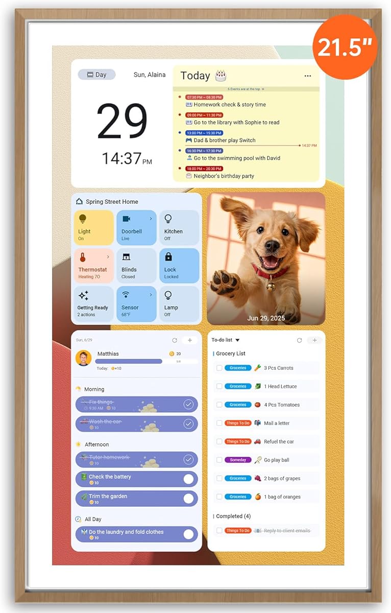 Apolosign 21.5-inch Digital Calendar : Dual Mode Smart Wall Planner, No Subscription, Install Apps, Sync Calendars, Electronic Touchscreen Interactive Display for Family Schedules, Chore Chart (Teak)