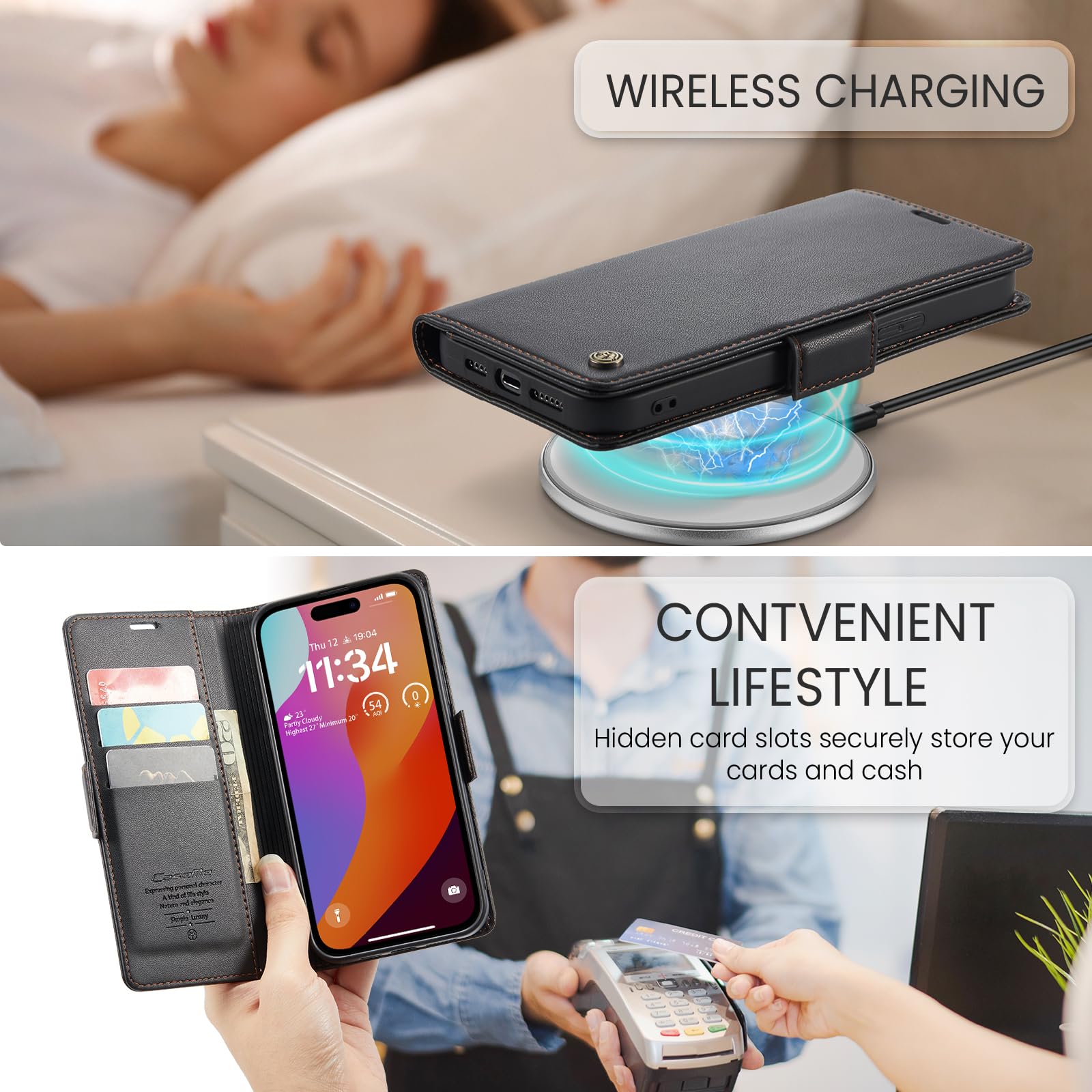 for iPhone 15 Pro Case 6.1 Inch, Premium PU Leather Wallet Case Flip Cover with [RFID Blocking][Card Holder][Stand Function] Shockproof Protective for iPhone 15 Pro, Black — view 4
