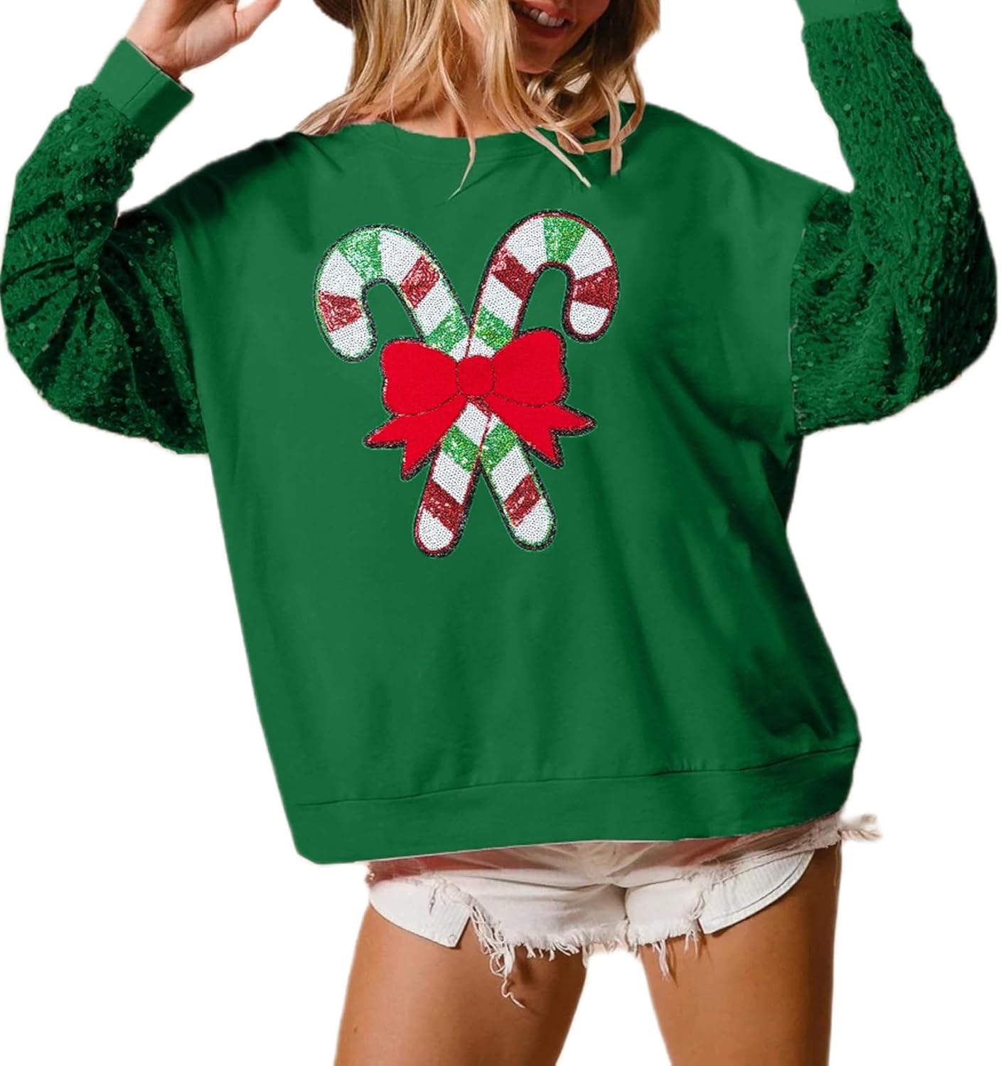 UAURORAO Christmas Sequins Sweatshirts Women Glitter Patch Crewneck Pullover Tops Sparkly Printed Xmas Long Sleeve Shirt