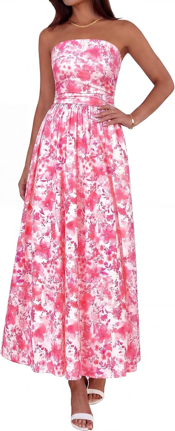 BTFBM Summer Maxi Dresses for Women 2026 Strapless Tube Top Floral Spring Wedding Guest Dress Beach Vacation Outfits