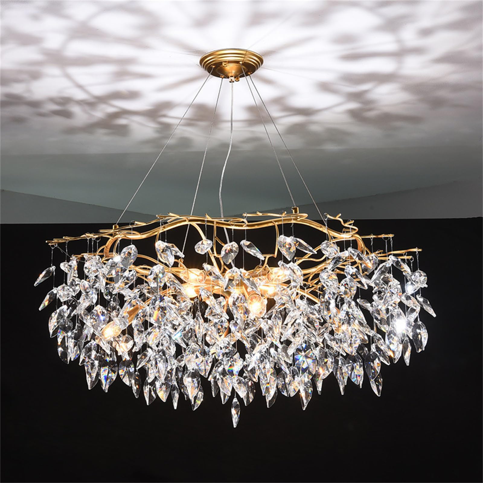 SXECAEPS Modern creative chandelier Gold Crystal Modern Tree Branch Dining Room Foyer Bedroom Lighting 80cm Round Hanging Ceiling Light Fixture for Living