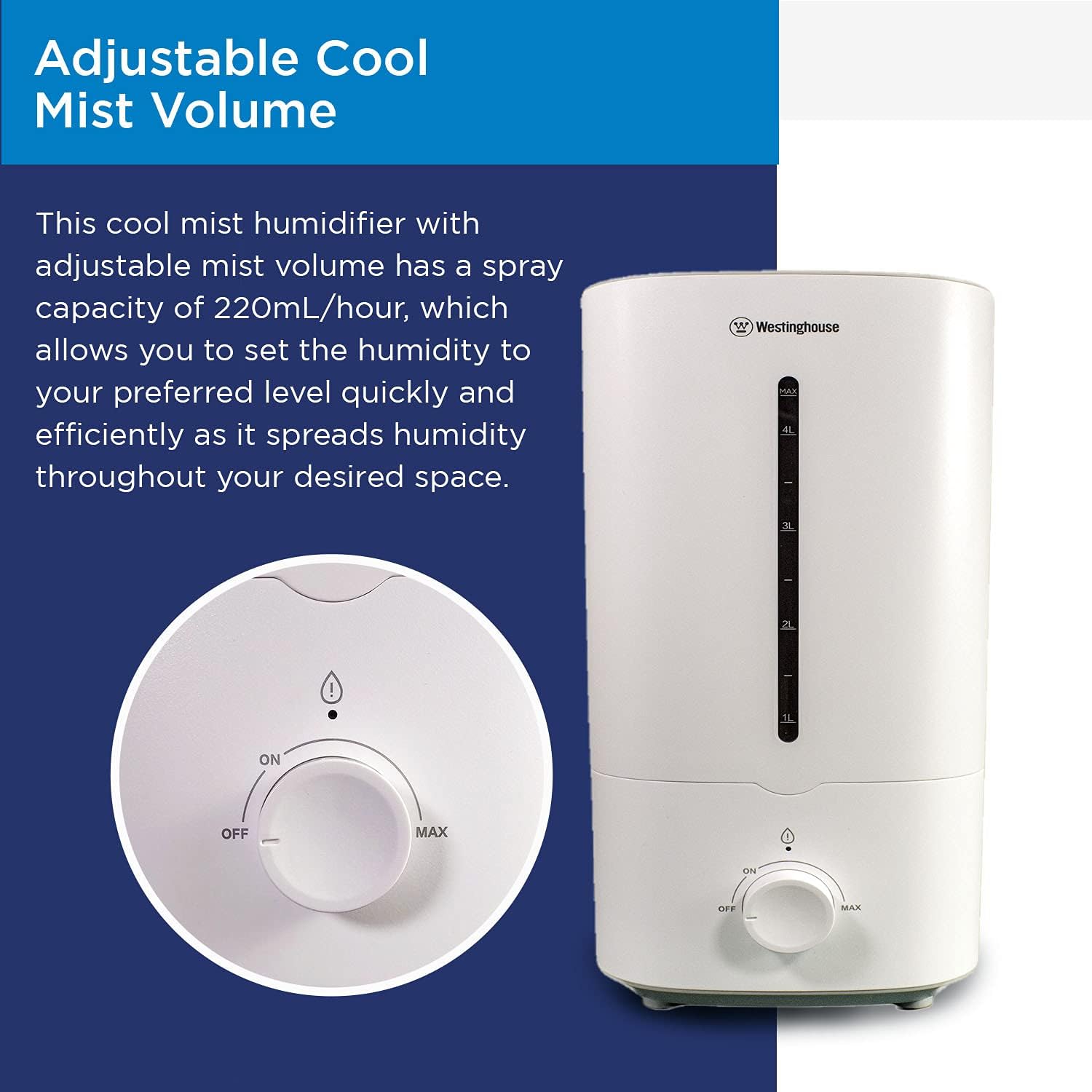 Westinghouse Ultrasonic Humidifier, 4.5L Top Filling Quiet Air Humidifier with Low Water Alarm, Adjustable Mist Output for Large Bedrooms : Appliances