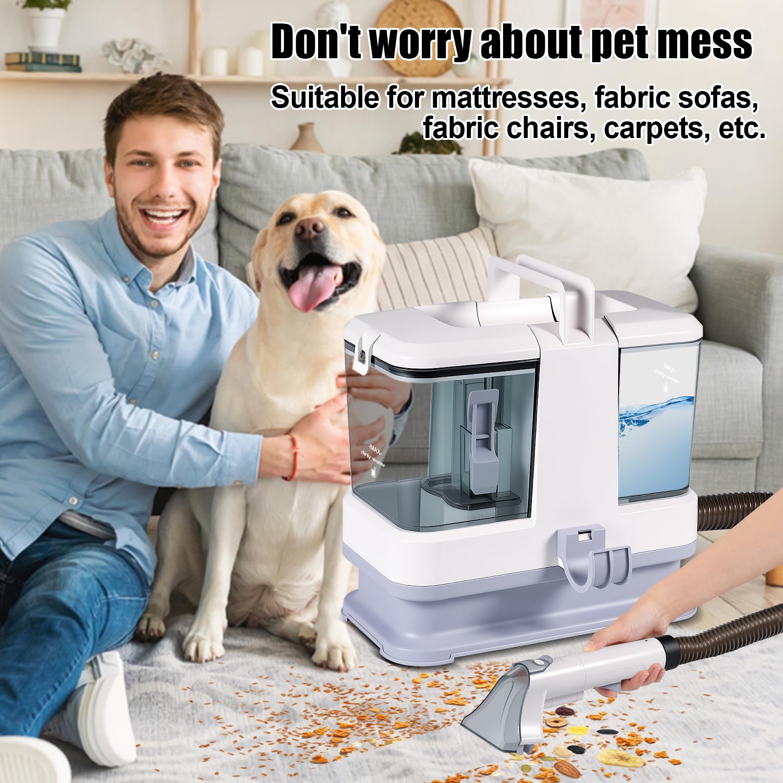 Limpiador de Tapicerias 400W,Aspirador Tapicerias con Agua con 4 Cabezales Intercambiables Depósito Extraíble, Succión 9 kPa. Para Sofás, Alfombras, Asientos de Coche y Pelo de Mascotas