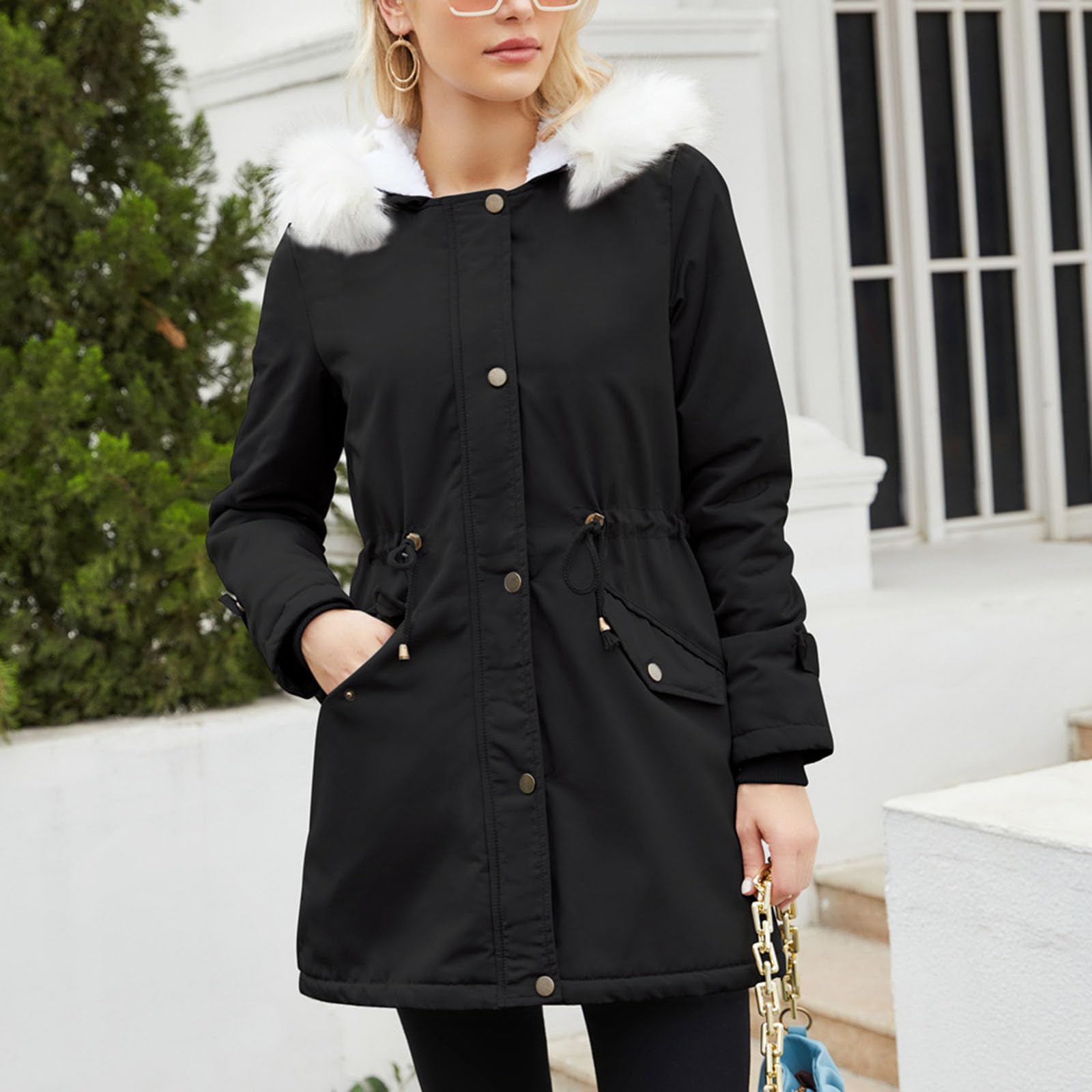 Generisch Winterjacke Damen Lang Wintermantel Gefüttert Warm Winterparka mit Teddyfell Gefüttert Daunenmantel Steppmantel Damen-Mäntel Jacke Parka Fleecemantel Skijacke