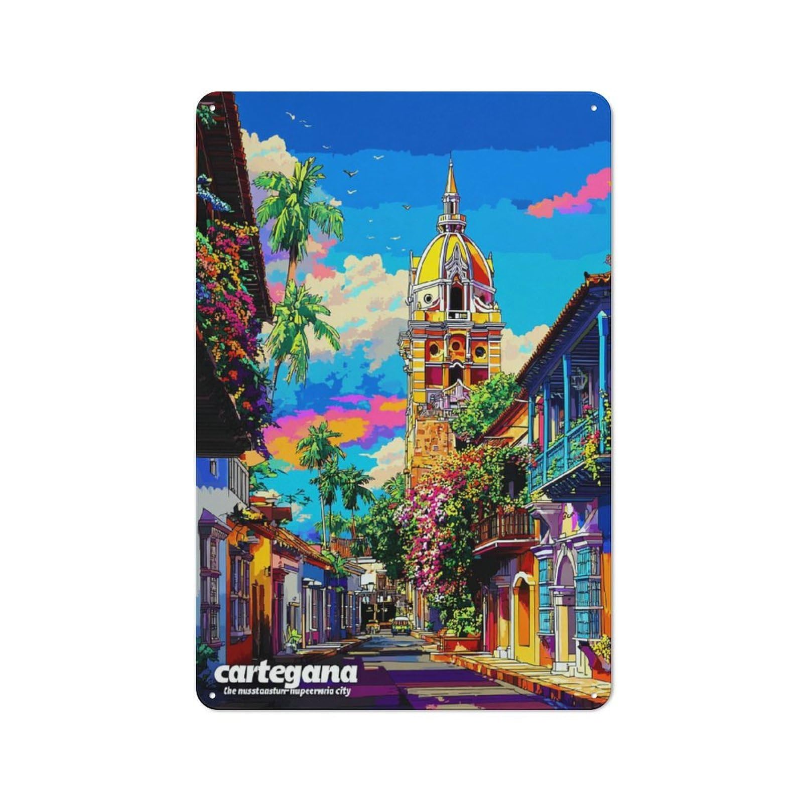 Junmoney Brightly Colored Cartagena Street Scene Tin Wall Plaque 30X20cm With For Garage Or Workshop, For Living Room, Hallway And Entrance Wall Decor