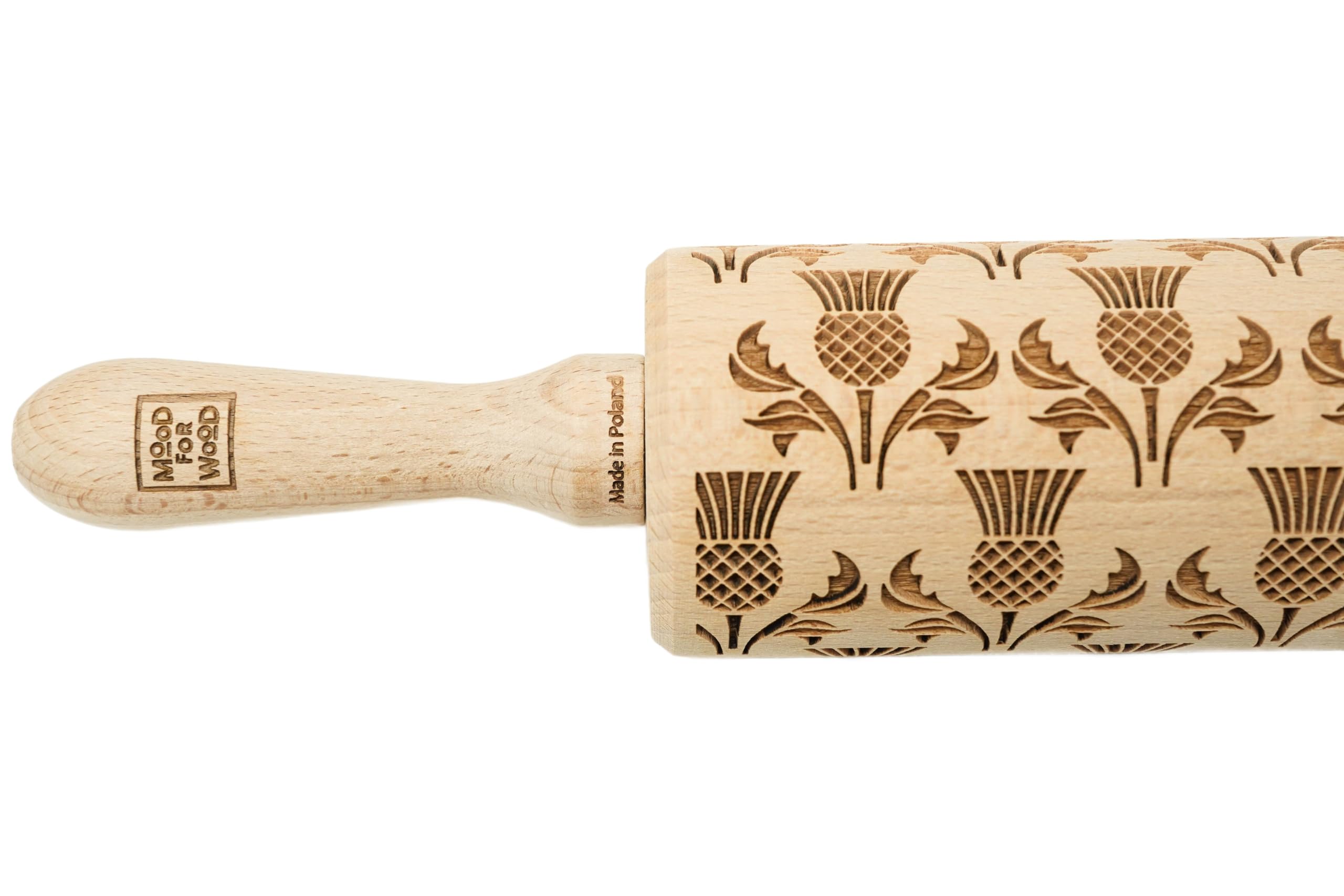 Teigroller aus Holz, Gravierte Holzrolle mit Wunschname auf Griff, Roller mit Muster für Teig, Kuchen & Backwaren, Nudelholz für Müheloses Ausrollen, Ø 6 cm x 43 cm, Schottische Distel