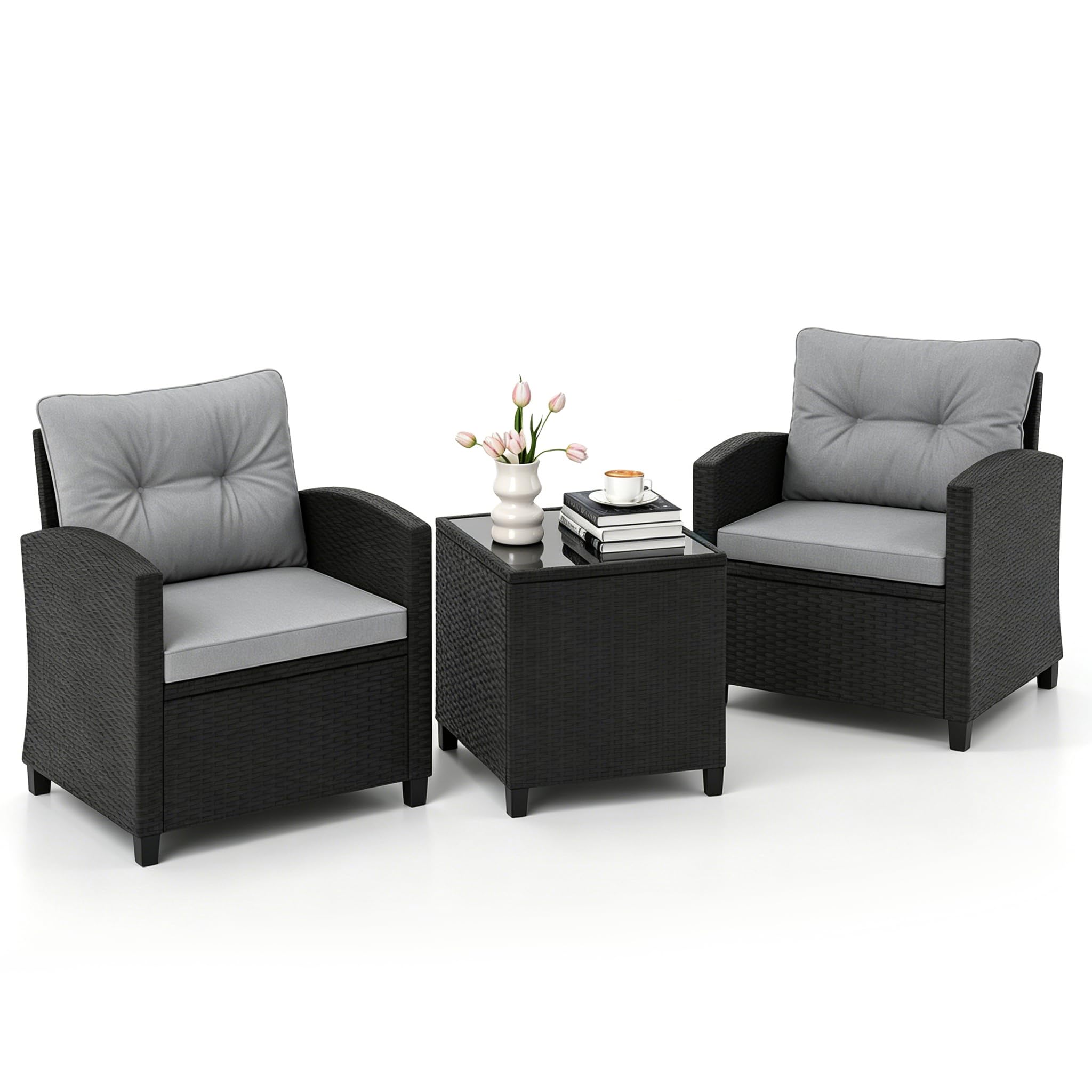 GIANTEX Rattan Gartenmöbel Set, Balkonmöbel Kleiner Balkon, Lounge Möbel Outdoor, Balkon Set 2 Personen, Balkonmöbel Set 3 teilig 2 Sessel & Tisch, Terrassenmöbel (Schwarzem Rattan + Grauem Kissen)