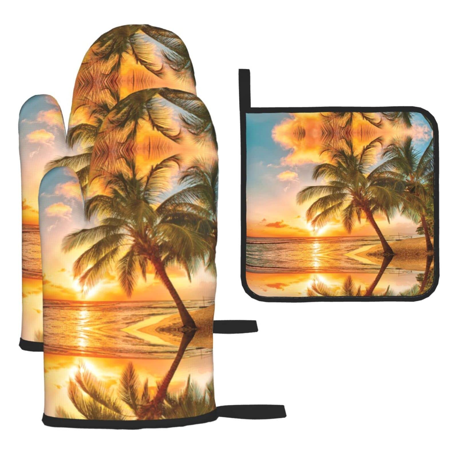 Tropical Beach Palm Tree Sunset Oven Mitts and Pot Holder Kitchen Set for Grilling, Cooking, Baking, Heat Resistant