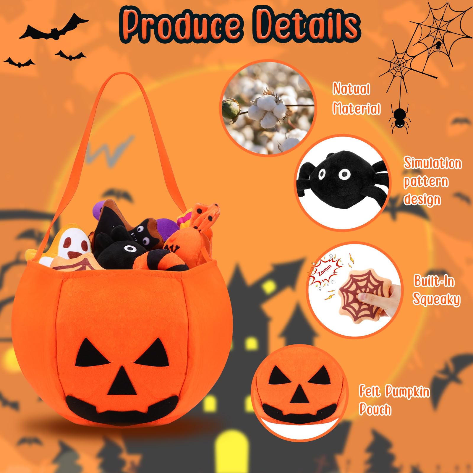 12-teiliges Halloween-Kürbis-Set, Halloween-Hundespielzeug, Halloween-Hundespielzeug, Quietschspielzeug, Plüsch-Kauspielzeug, Füllkörper, Hundespielzeug-Set, Zahnspielzeug für Hunde, Training