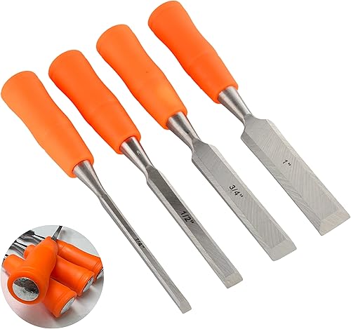 ATE Pro. USA - Juego de 4 cinceles de madera, carpintería, hoja de borde afilado de acero CR-V tratada térmicamente, 1/4", 1/2", 3/4", cinceles de