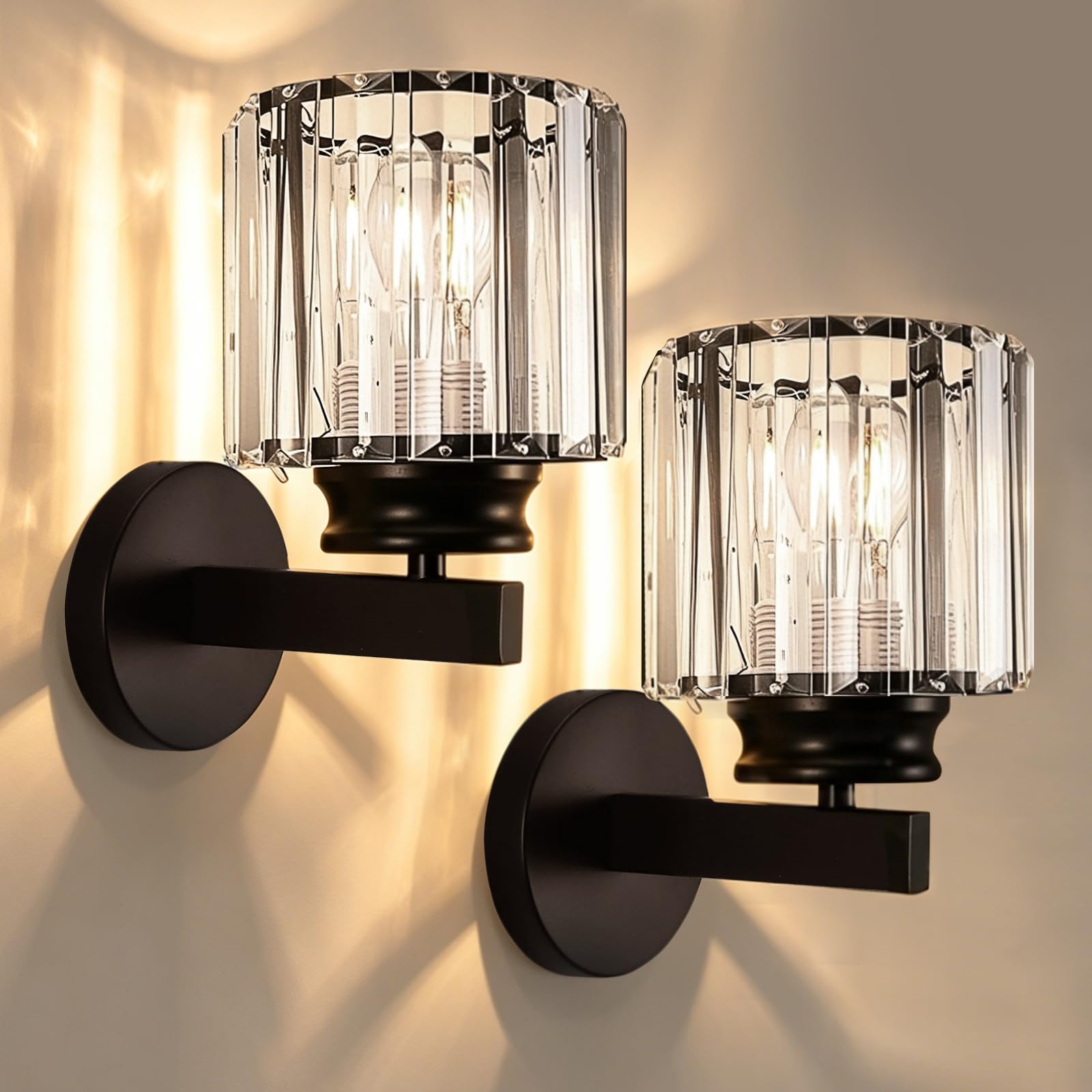 ZONJIE 2 PCS Modern Wall Lights Set - Indoor, E27 Black Silver Crystal Wall Sconce Lights Walls Lighting Fixtures for Bedrooms Living Room Corridor Hallway Stair