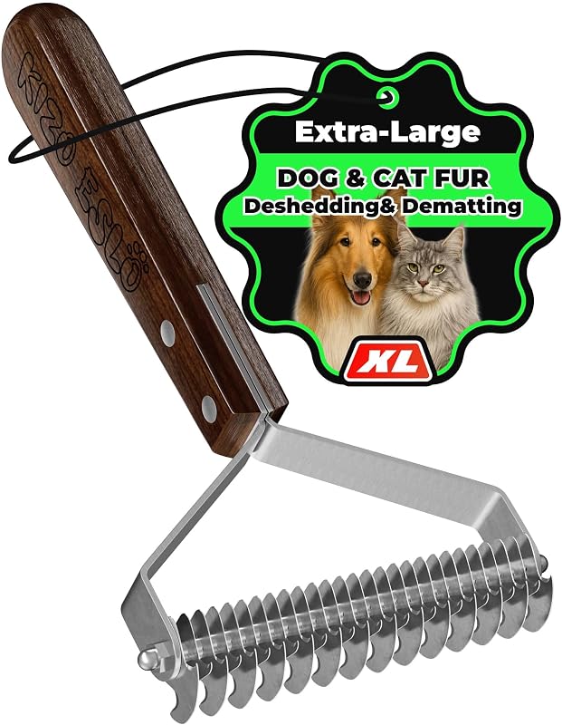 Extra Large 2-Sided Undercoat Rake for Dogs & Cats, Dog Brush for Shedding Remove Mats, Dematting Comb, Safe & Gentle Grooming Brush for German Shepherds Medium to Long-Haired Pets (Walnut Handle)