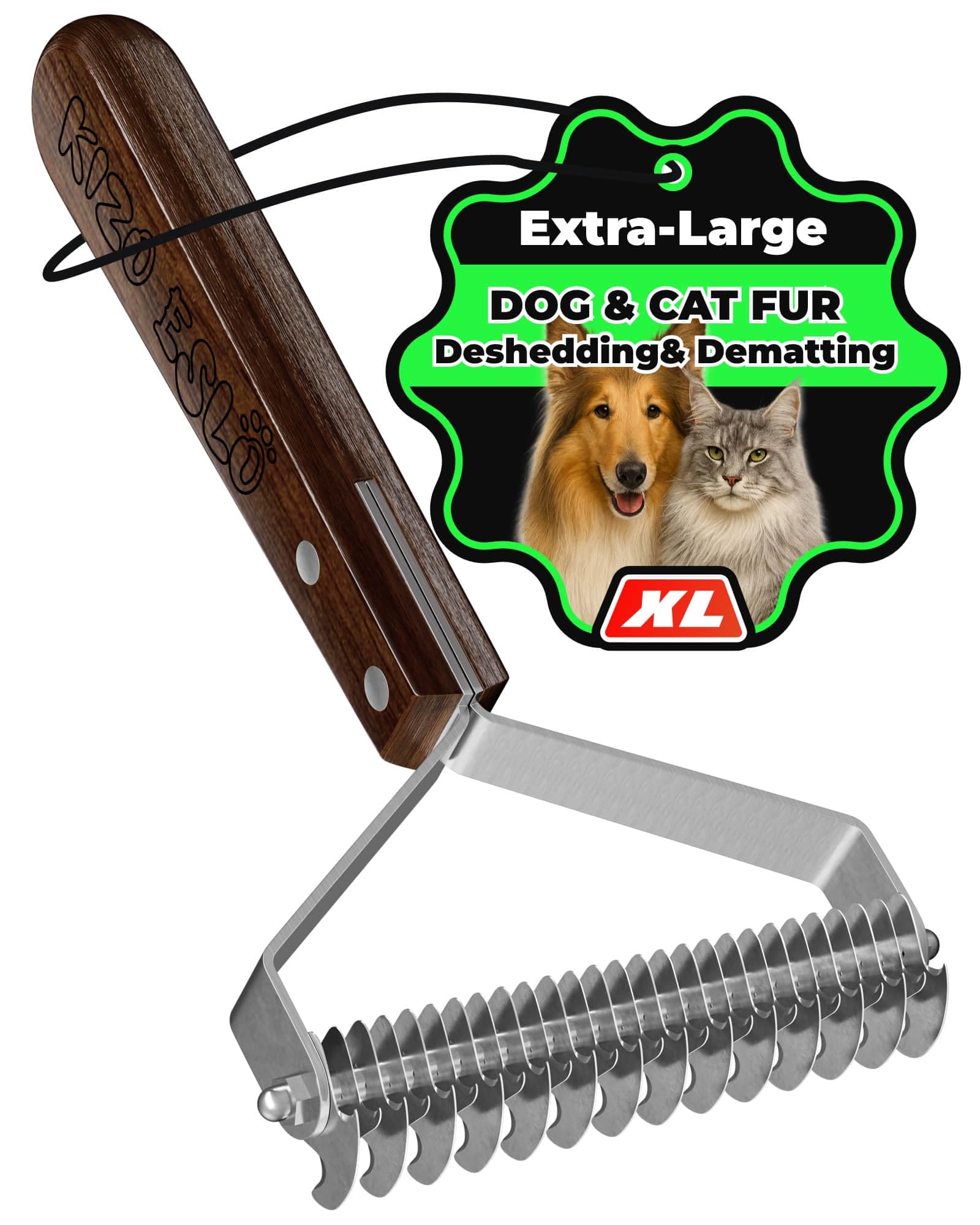 Extra Large 2-Sided Undercoat Rake for Dogs & Cats, Dog Brush for Shedding Remove Mats, Dematting Comb,Gentle Grooming Brush for German Shepherds Medium to Long-Haired Pets(Rare&Premium Walnut Handle) — image 1