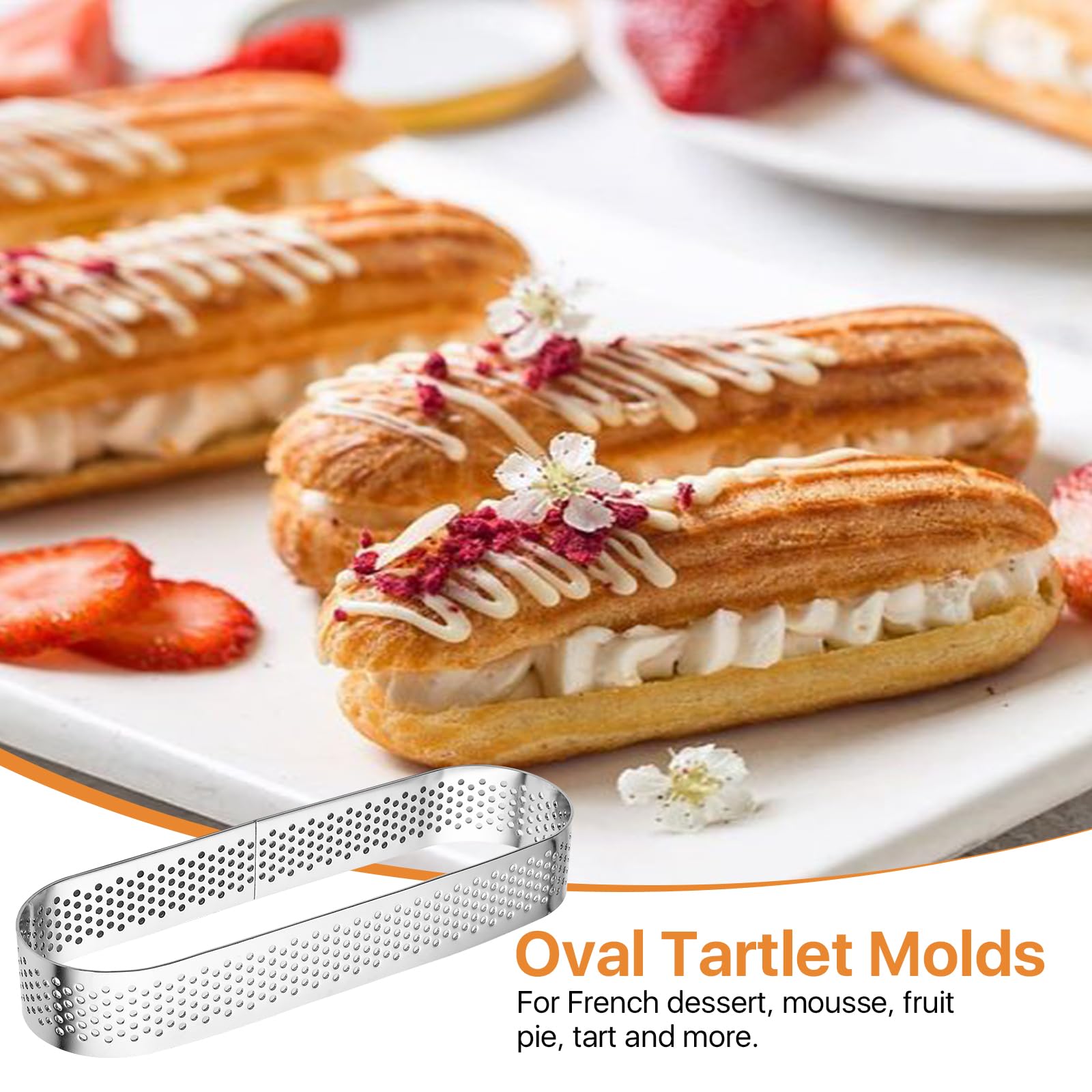 Lot De 8 Cercles à Tarte Ovales En Inox - 9,4 X 2,8 X 2 Cm - Moules à Tartelettes Avec Trous D'aération