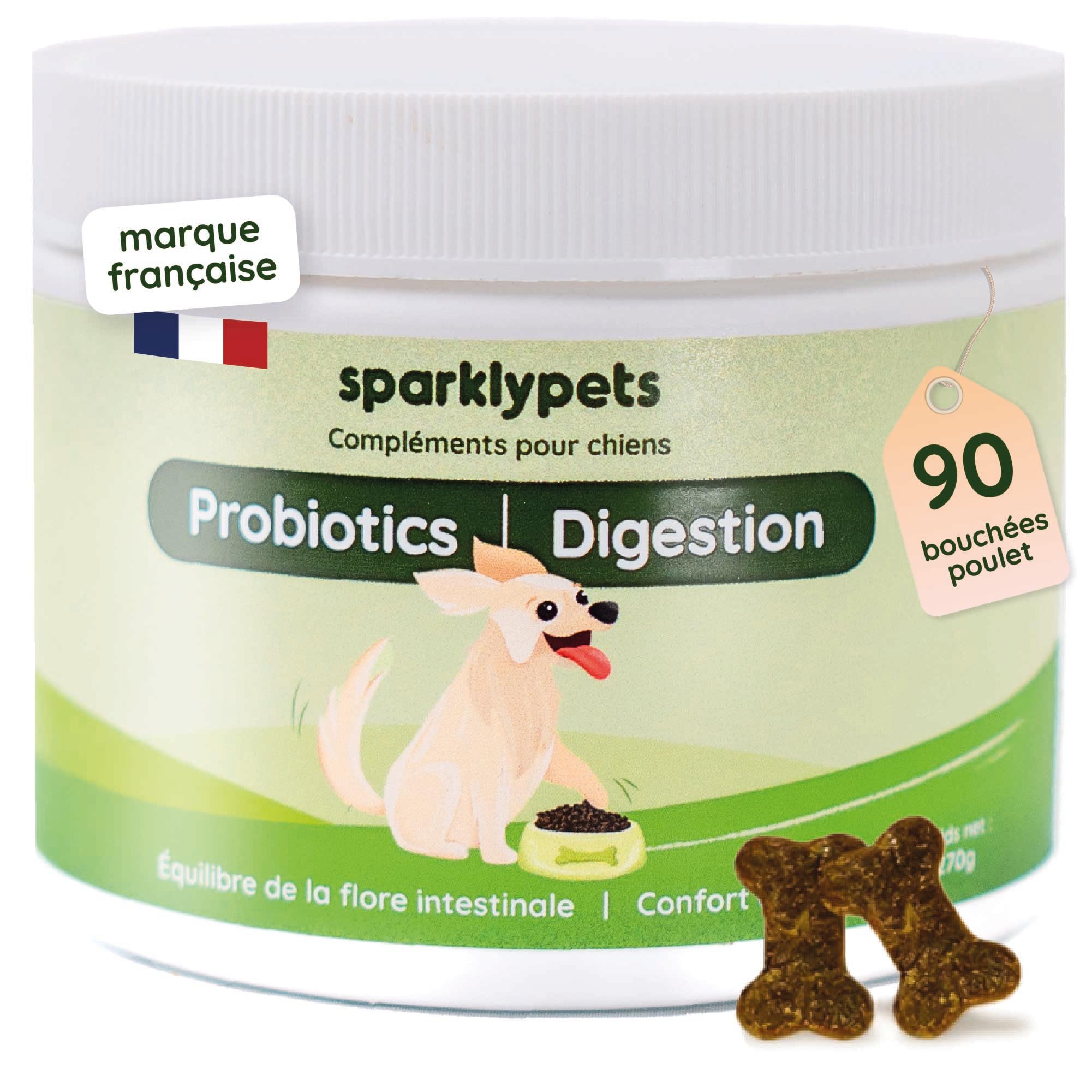 SparklyPets - Probiotics - Digestion - Complément Alimentaire pour Chien - Confort Digestif et Flore Intestinale - Prébiotique et Probiotique Chien - 90 Unités, 270g, Goût Poulet