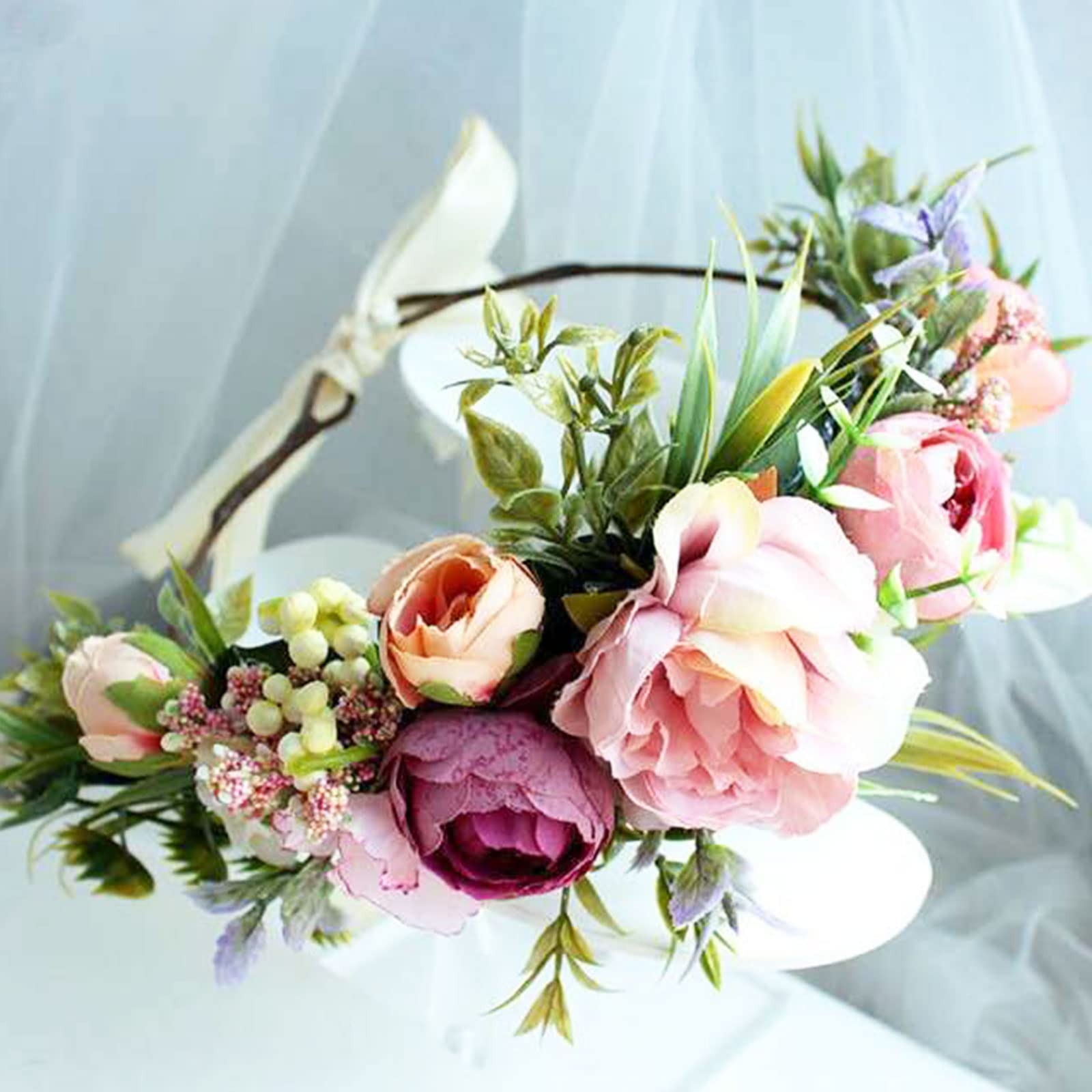 TSHAOUN Couronner Fleur Cheveux Bandeau, Ruban de Feuille Guirlande Florale，Mariage Nuptiale Couronne Fleur, Fée Couronne Floral Bandeau Réglable avec Ruban, Vacances Fête Bord Mer (1 Pack)